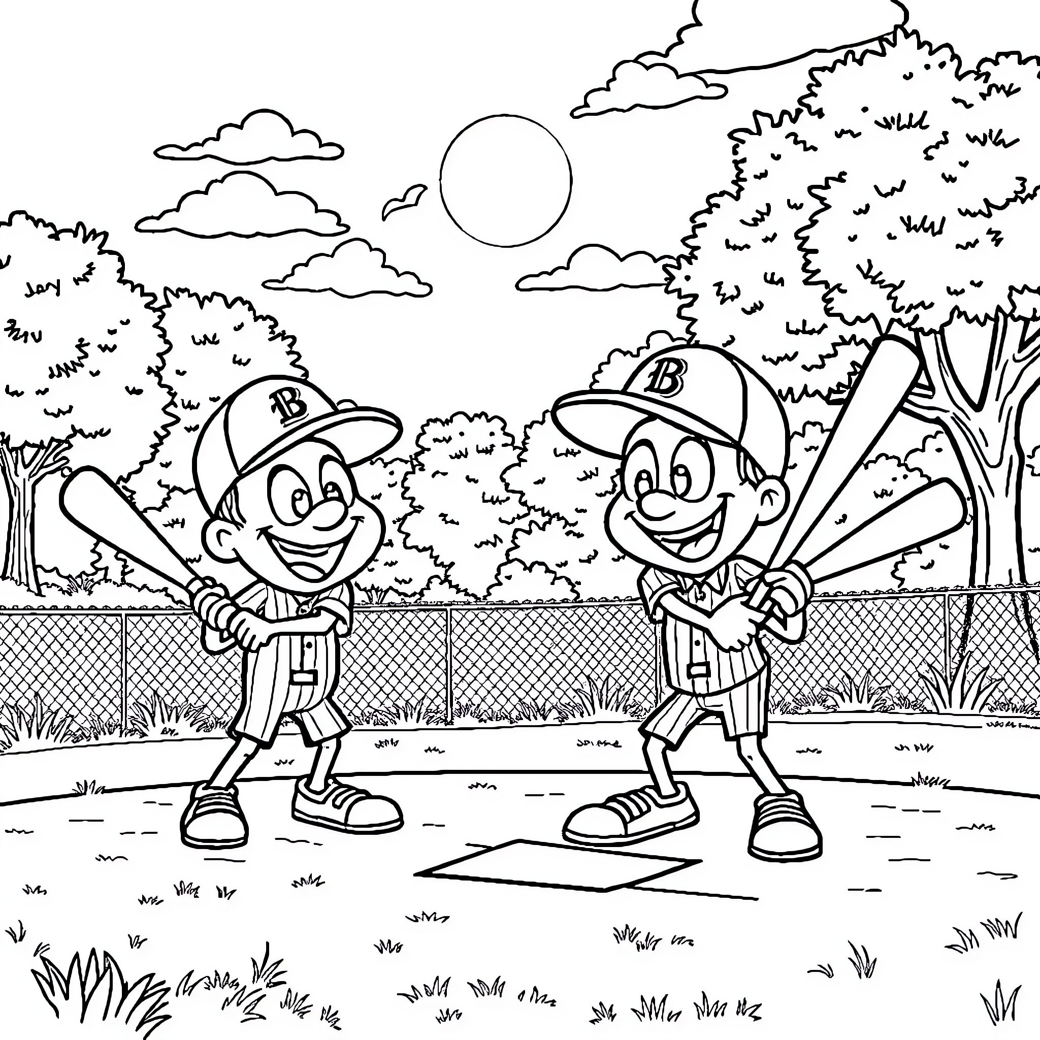 Brainrot Character Baseball Players Enjoying Outdoor Game Coloring Page (free black-and-white line drawing printable PDF for all, from beginners to advanced learners, including children, teens, adults, and seniors)