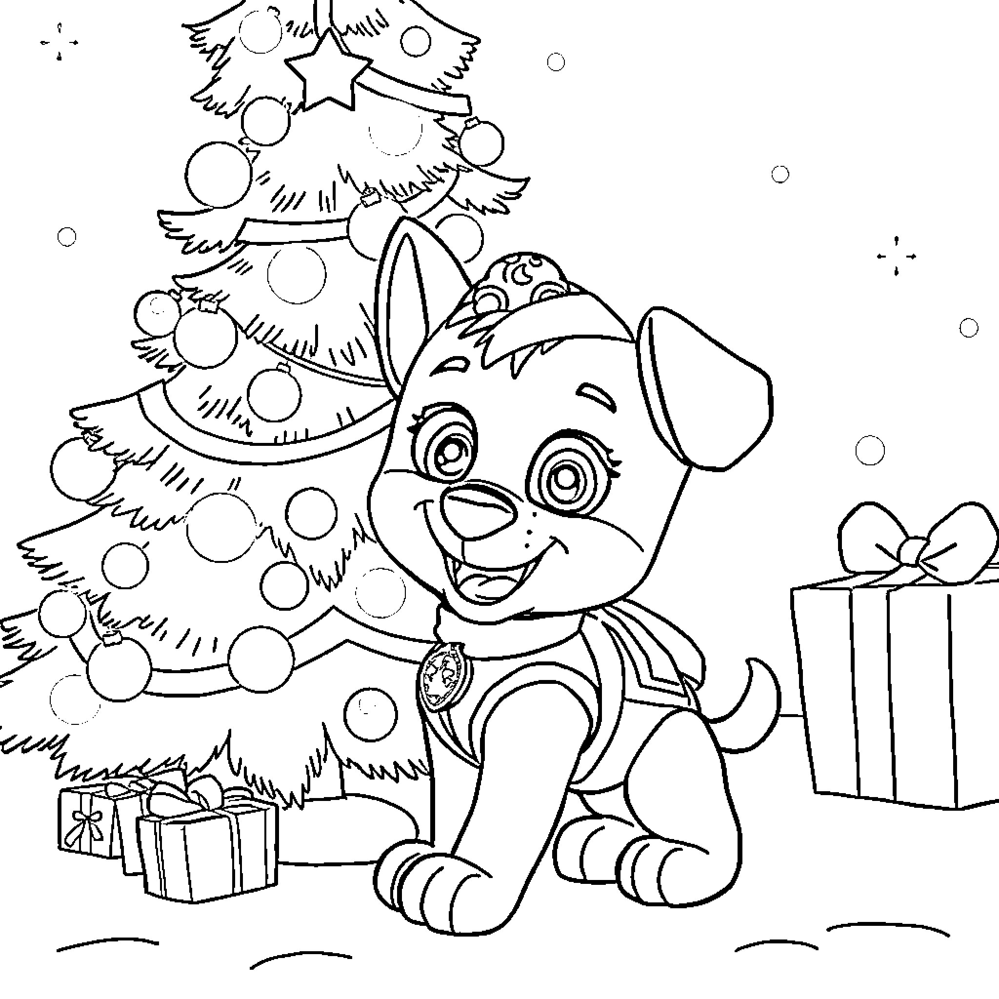Paw Patrol Pup Celebrating Christmas with Tree and Gifts Coloring Page (free black-and-white line drawing printable PDF for all, from beginners to advanced learners, including children, teens, adults, and seniors)