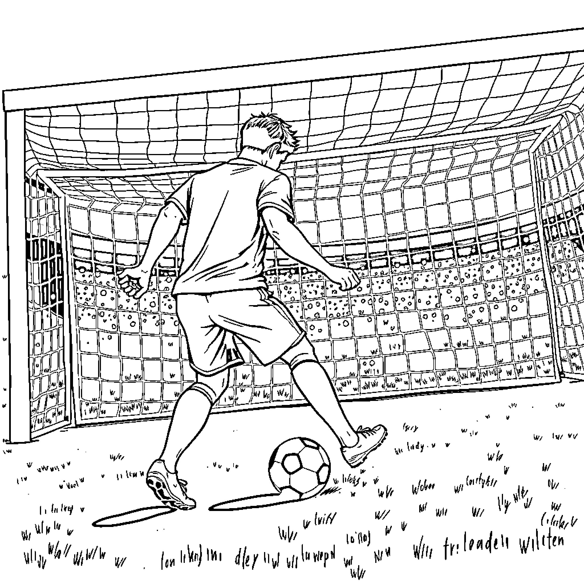 Football player kicking ball on field Coloring Page (free black-and-white line drawing printable PDF for all, from beginners to advanced learners, including children, teens, adults, and seniors)