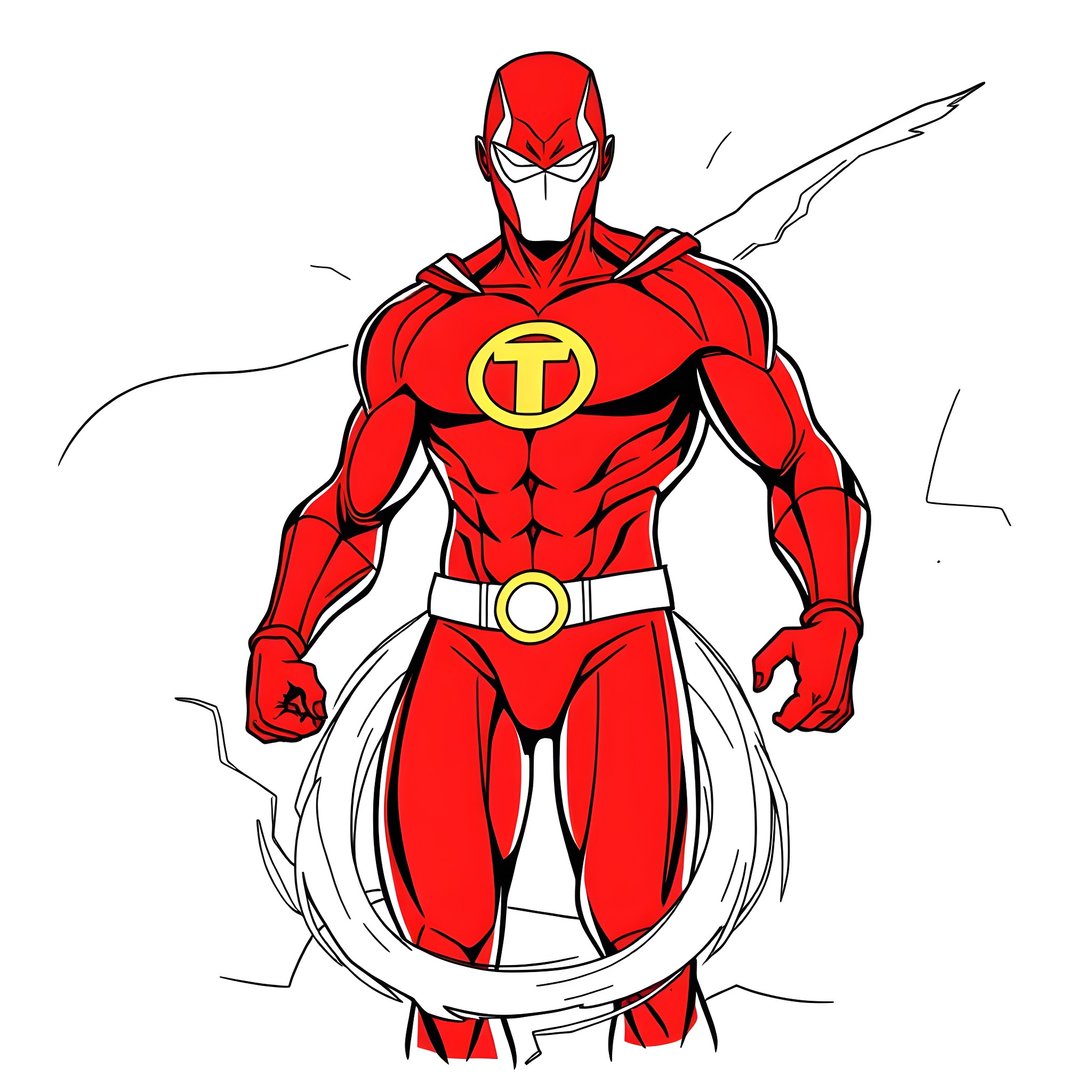 Red Tornado confronting enemies with heroic pose Coloring Page (free black-and-white line drawing printable PDF for all, from beginners to advanced learners, including children, teens, adults, and seniors)