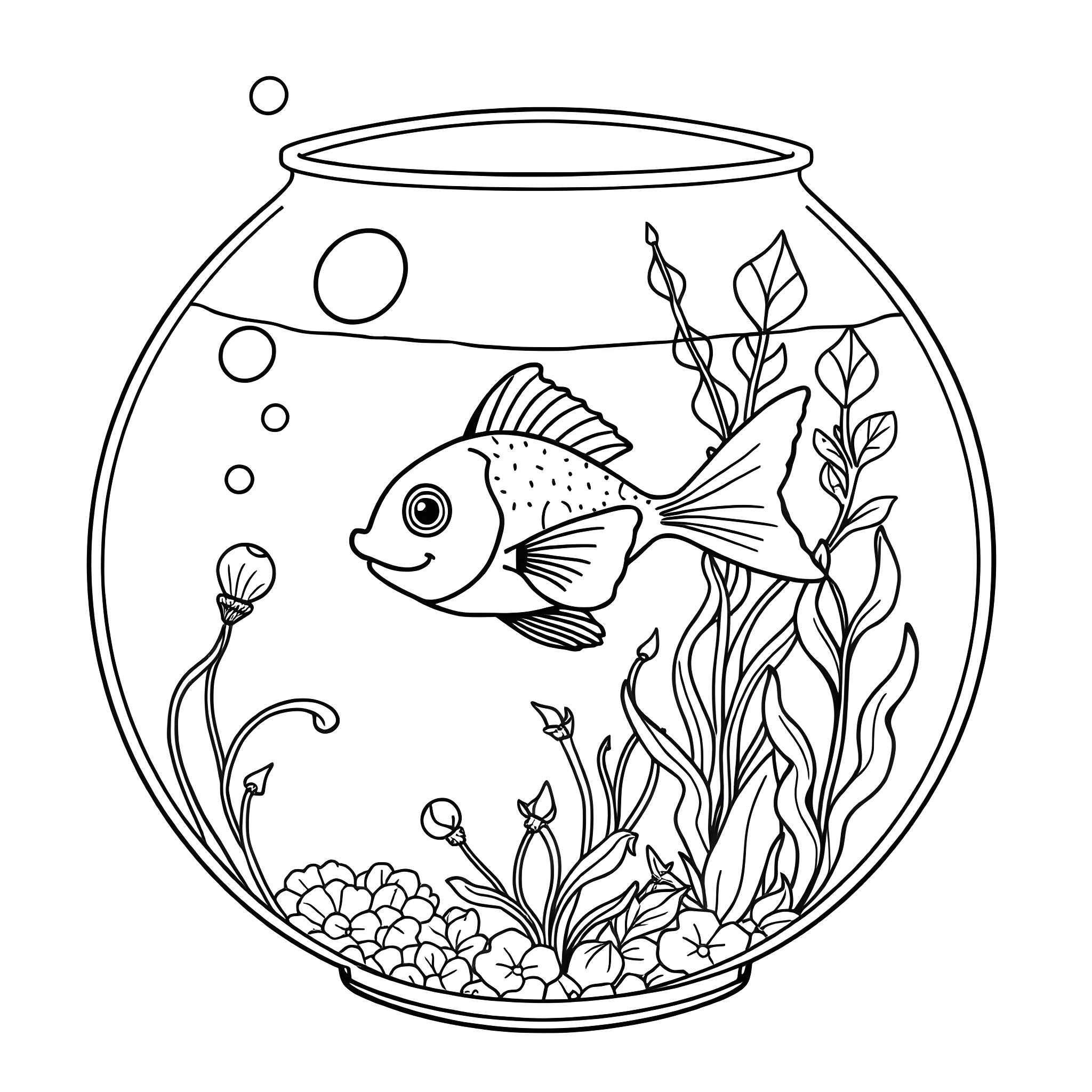 Fish swimming in an aquarium with plants Coloring Page (free black-and-white line drawing printable PDF for all, from beginners to advanced learners, including children, teens, adults, and seniors)