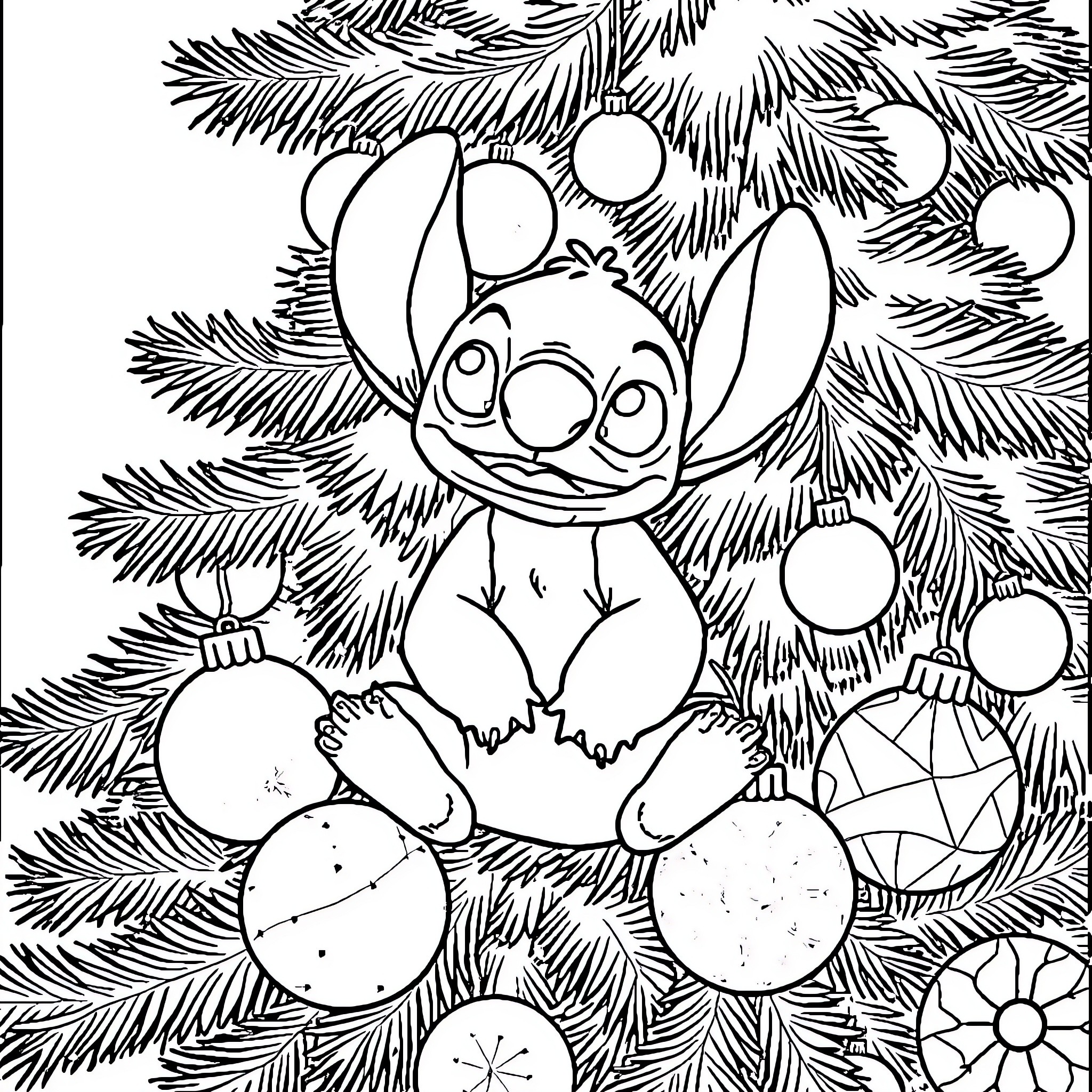 Stitch decorating a festive Christmas tree Coloring Page (free black-and-white line drawing printable PDF for all, from beginners to advanced learners, including children, teens, adults, and seniors)