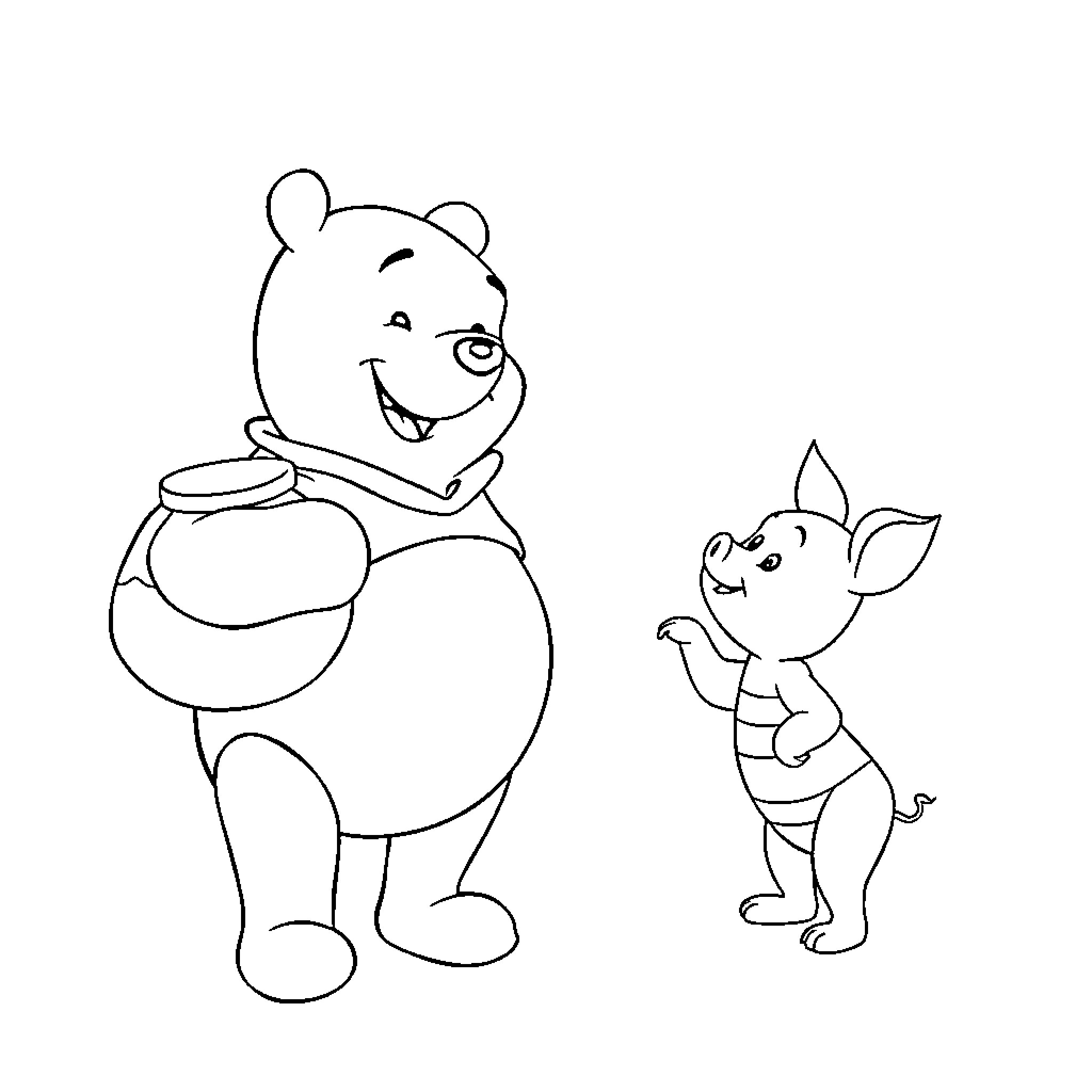 Winnie The Pooh and Piglet playing together happily Coloring Page (free black-and-white line drawing printable PDF for all, from beginners to advanced learners, including children, teens, adults, and seniors)