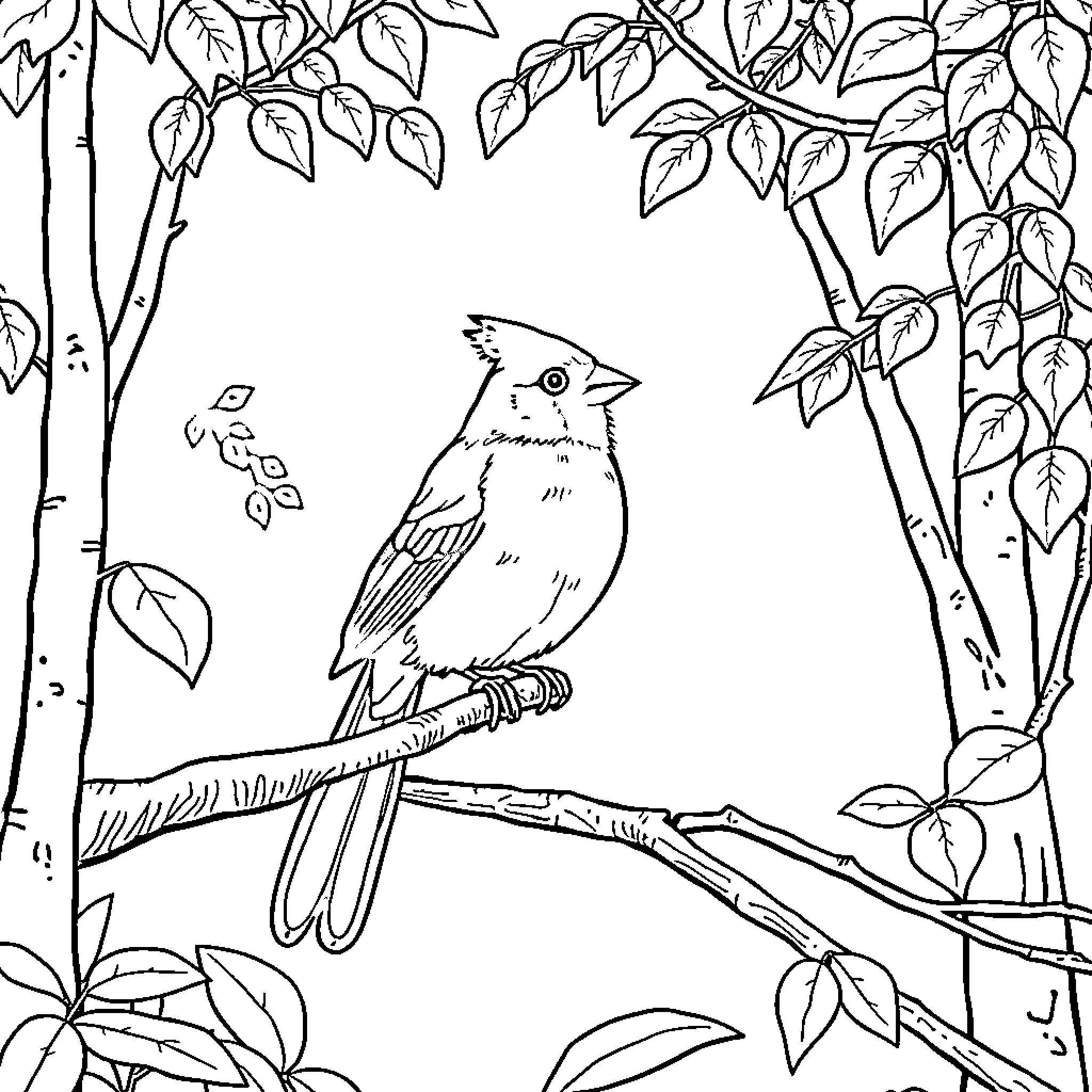 Cardinal amidst Leafy Branches Coloring Page (free black-and-white line drawing printable PDF for all, from beginners to advanced learners, including children, teens, adults, and seniors)