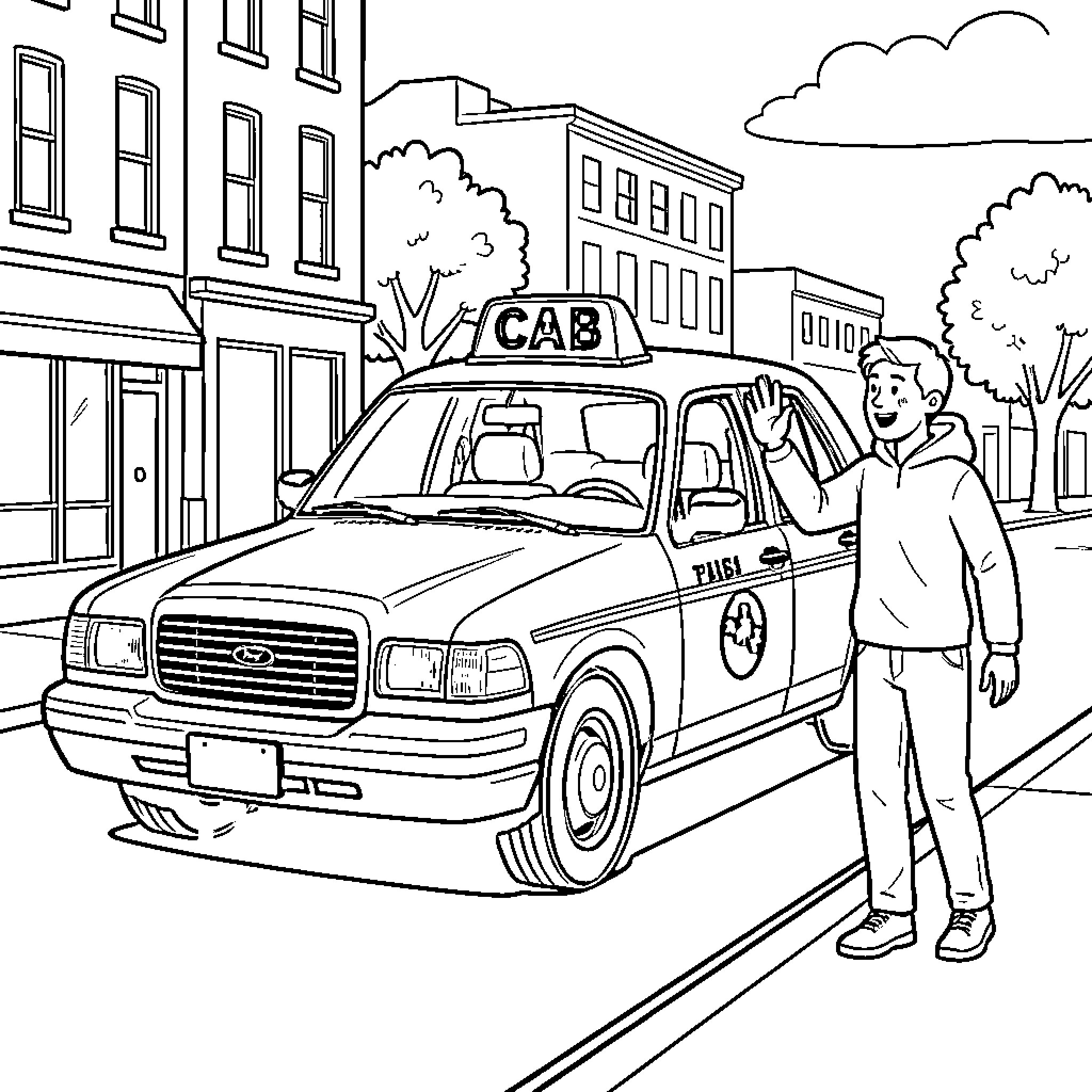 Cab on the city street with person Coloring Page (free black-and-white line drawing printable PDF for all, from beginners to advanced learners, including children, teens, adults, and seniors)