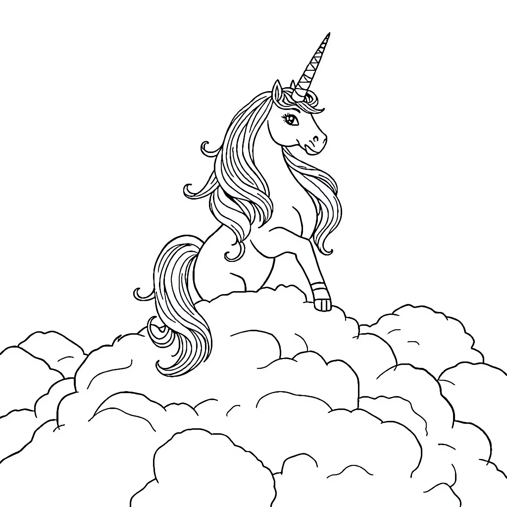 Unicorn Soaring Above the Clouds Coloring Page (free black-and-white line drawing printable PDF for all, from beginners to advanced learners, including children, teens, adults, and seniors)