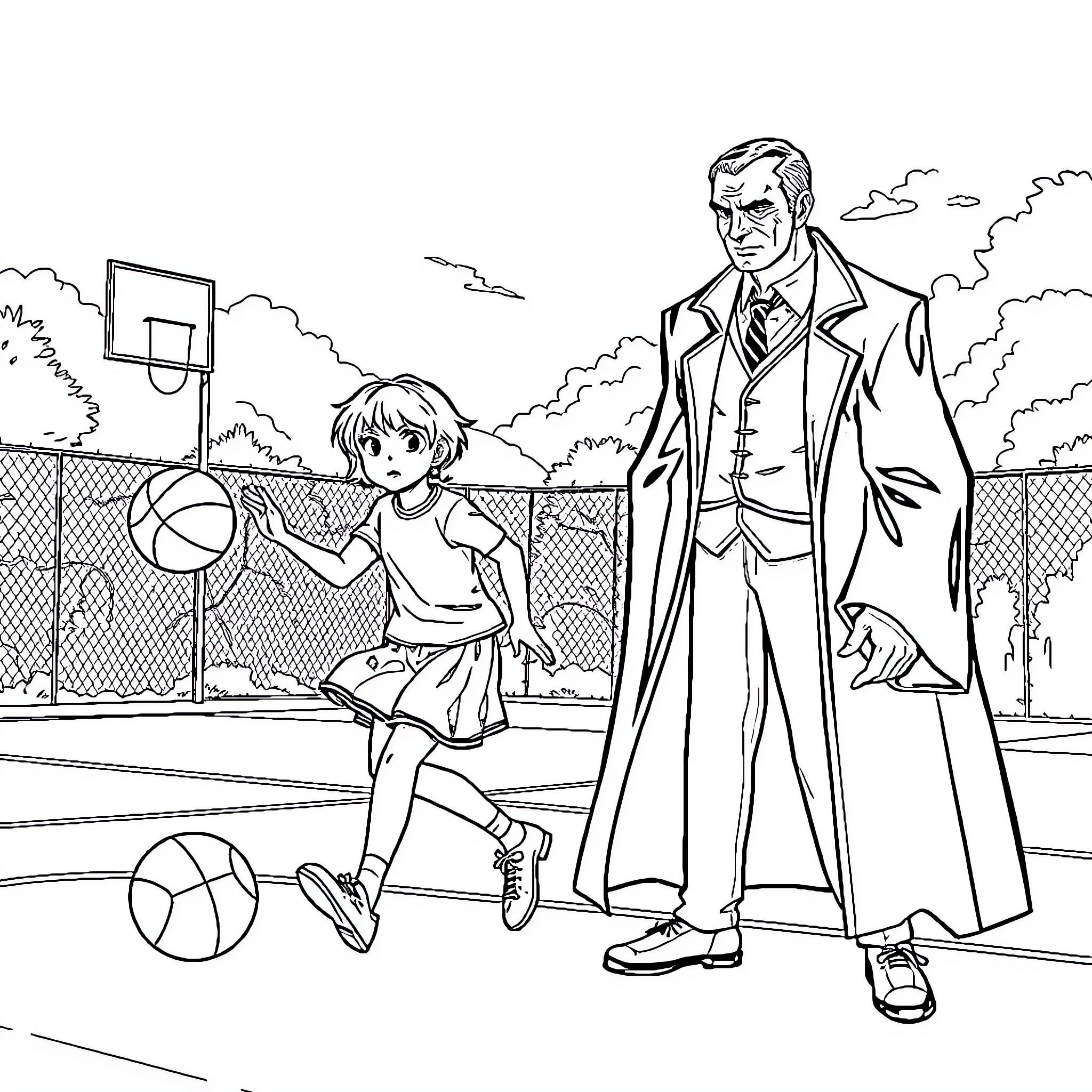 Hermione Granger playing basketball with a man in a park Coloring Page (free black-and-white line drawing printable PDF for all, from beginners to advanced learners, including children, teens, adults, and seniors)