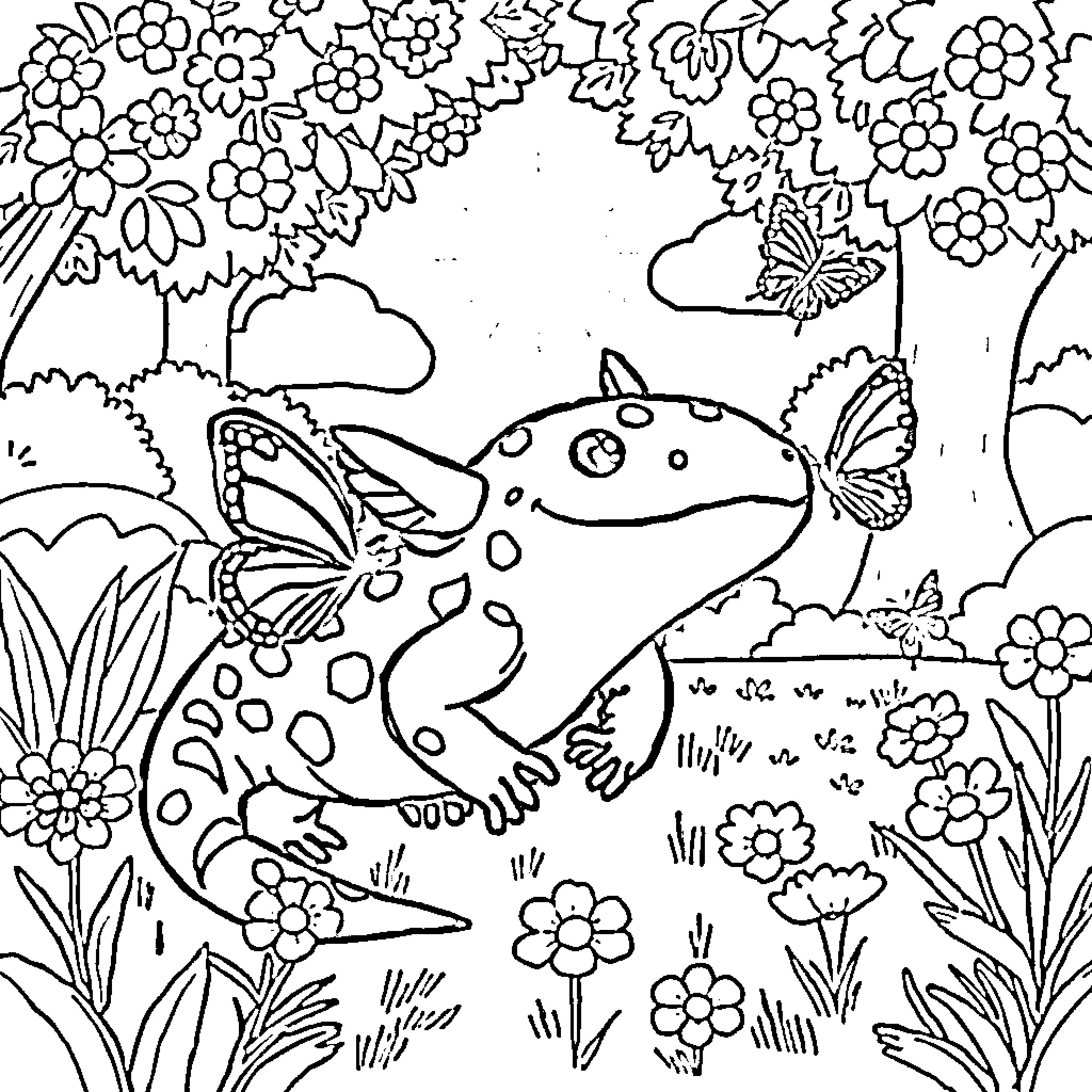 Axolotl exploring a floral garden Coloring Page (free black-and-white line drawing printable PDF for all, from beginners to advanced learners, including children, teens, adults, and seniors)