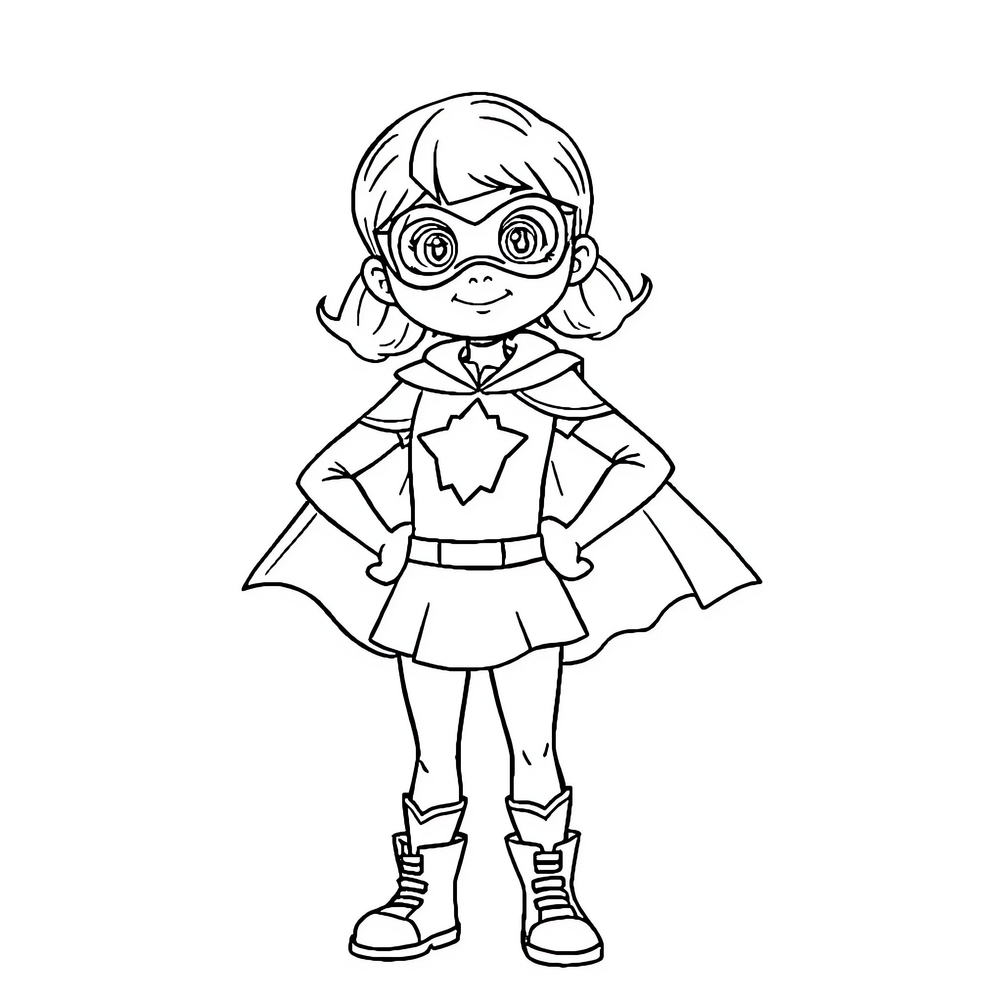 Superhero Girl in Action-Ready Pose Coloring Page (free black-and-white line drawing printable PDF for all, from beginners to advanced learners, including children, teens, adults, and seniors)