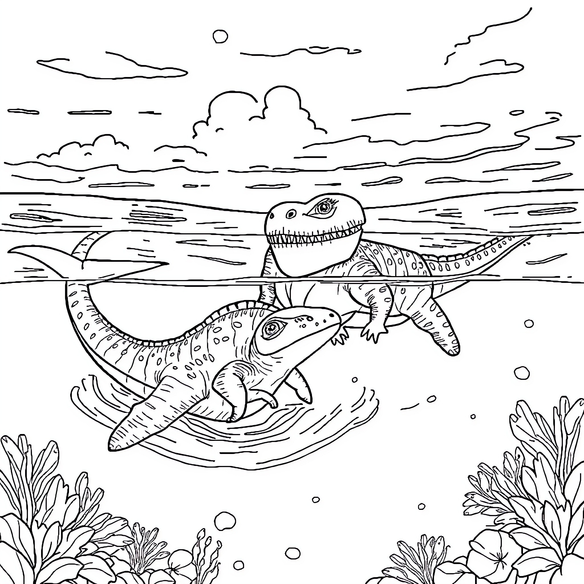 Mosasaur hunting fish in the prehistoric ocean Coloring Page (free black-and-white line drawing printable PDF for all, from beginners to advanced learners, including children, teens, adults, and seniors)