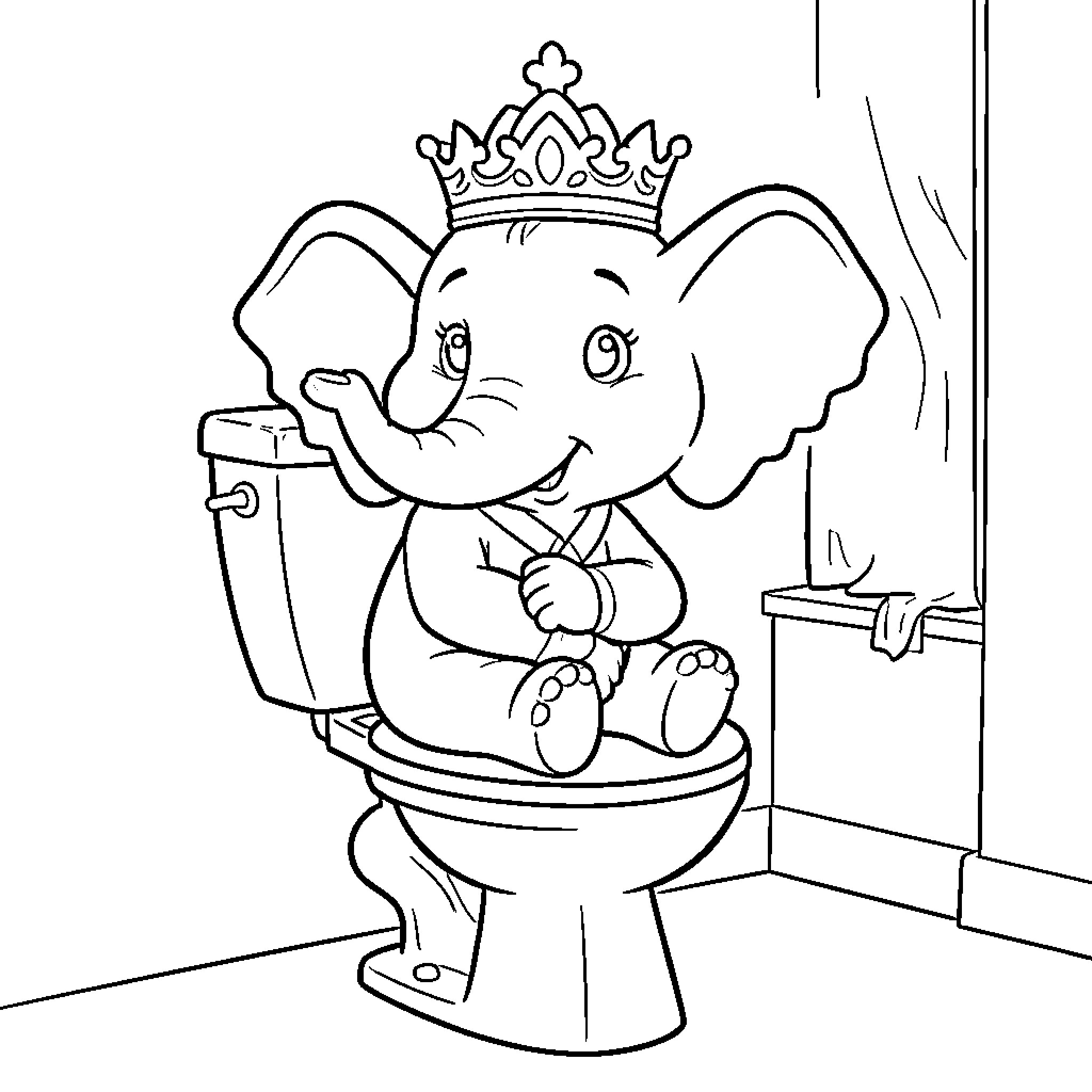 Babar the elephant wearing a crown sitting on a toilet Coloring Page (free black-and-white line drawing printable PDF for all, from beginners to advanced learners, including children, teens, adults, and seniors)