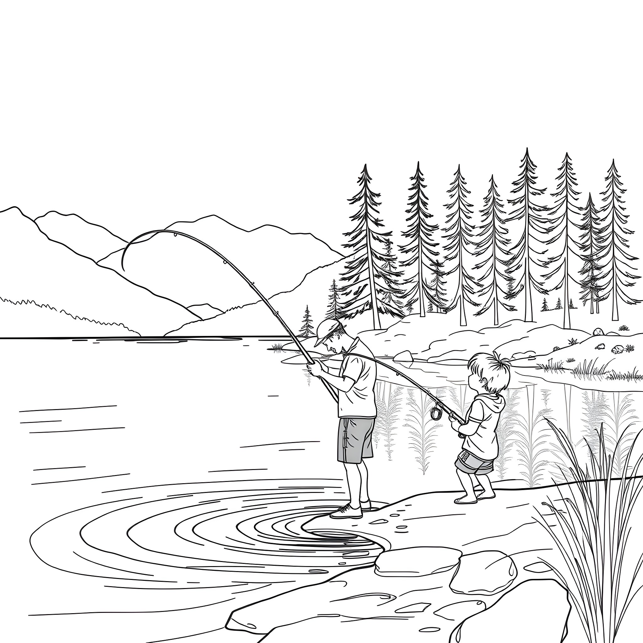 Father and child fishing in peaceful mountain landscape Coloring Page (free black-and-white line drawing printable PDF for all, from beginners to advanced learners, including children, teens, adults, and seniors)