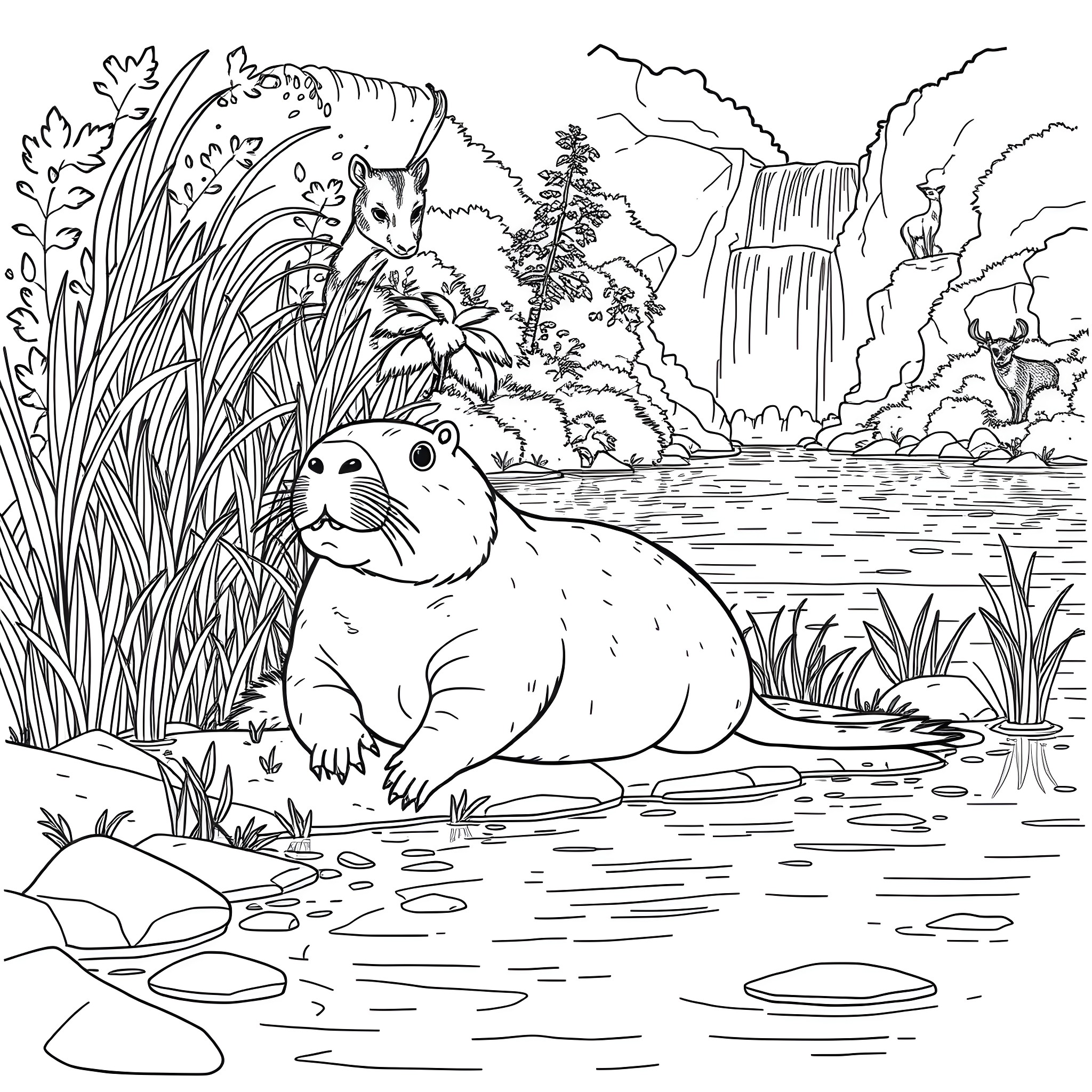 Capybara resting peacefully by a waterfall in the wilderness Coloring Page (free black-and-white line drawing printable PDF for all, from beginners to advanced learners, including children, teens, adults, and seniors)