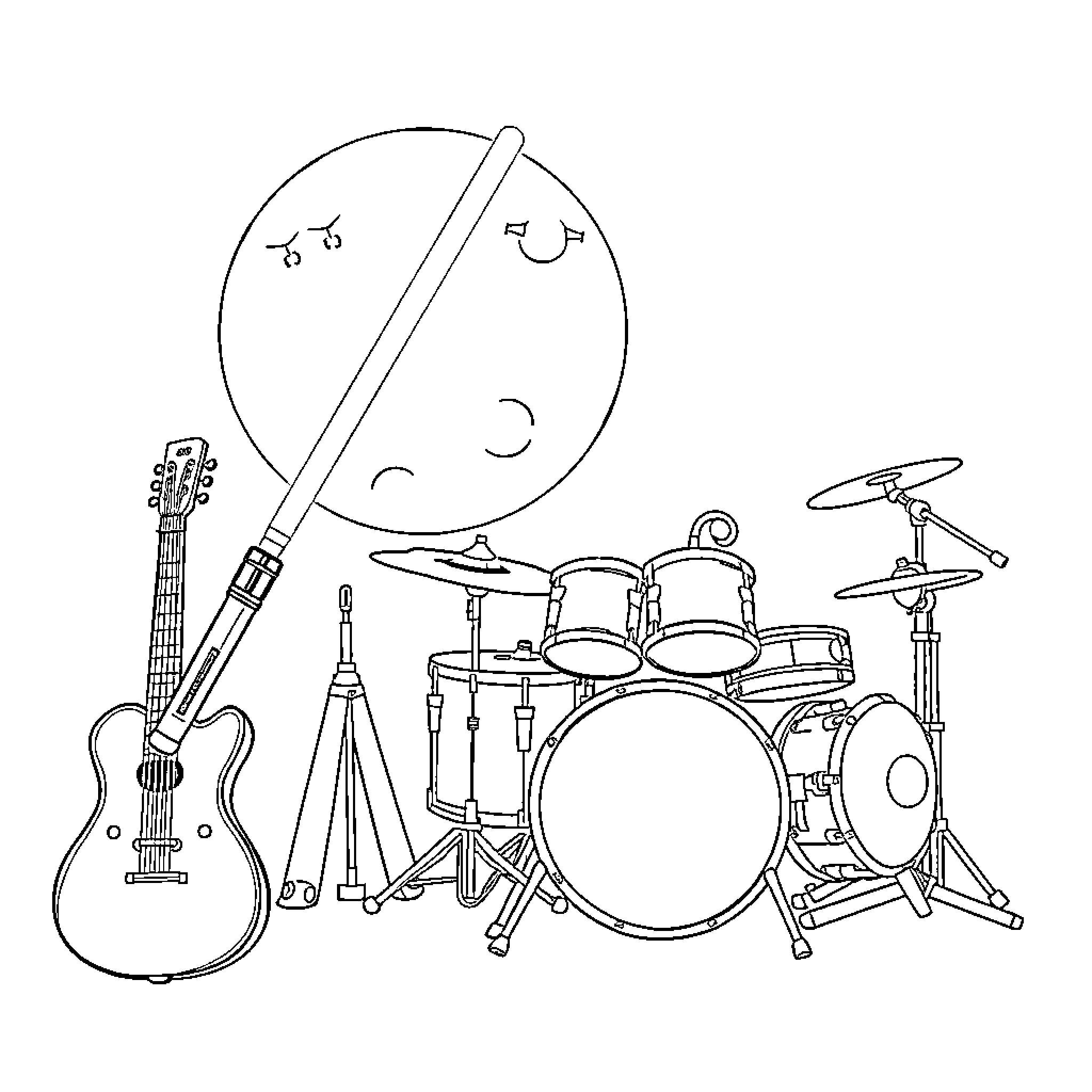 Music Instrument Assortment with Guitar and Drums Coloring Page (free black-and-white line drawing printable PDF for all, from beginners to advanced learners, including children, teens, adults, and seniors)