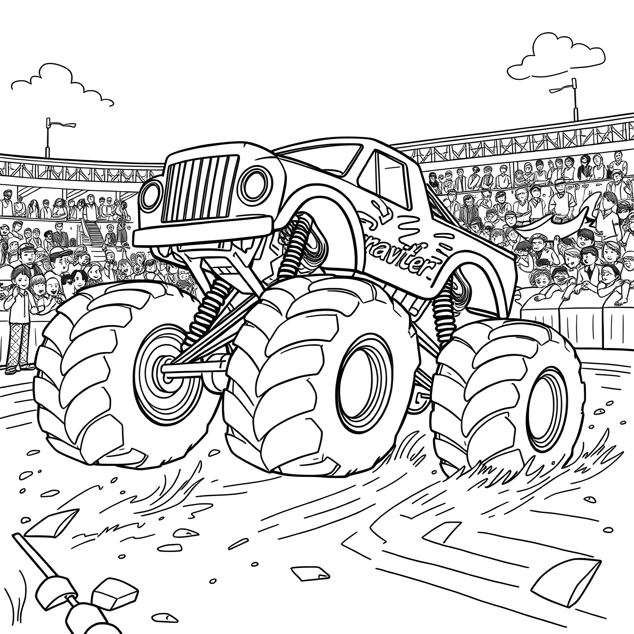 Monster Truck Crushing Obstacles in the Arena Coloring Page (free black-and-white line drawing printable PDF for all, from beginners to advanced learners, including children, teens, adults, and seniors)