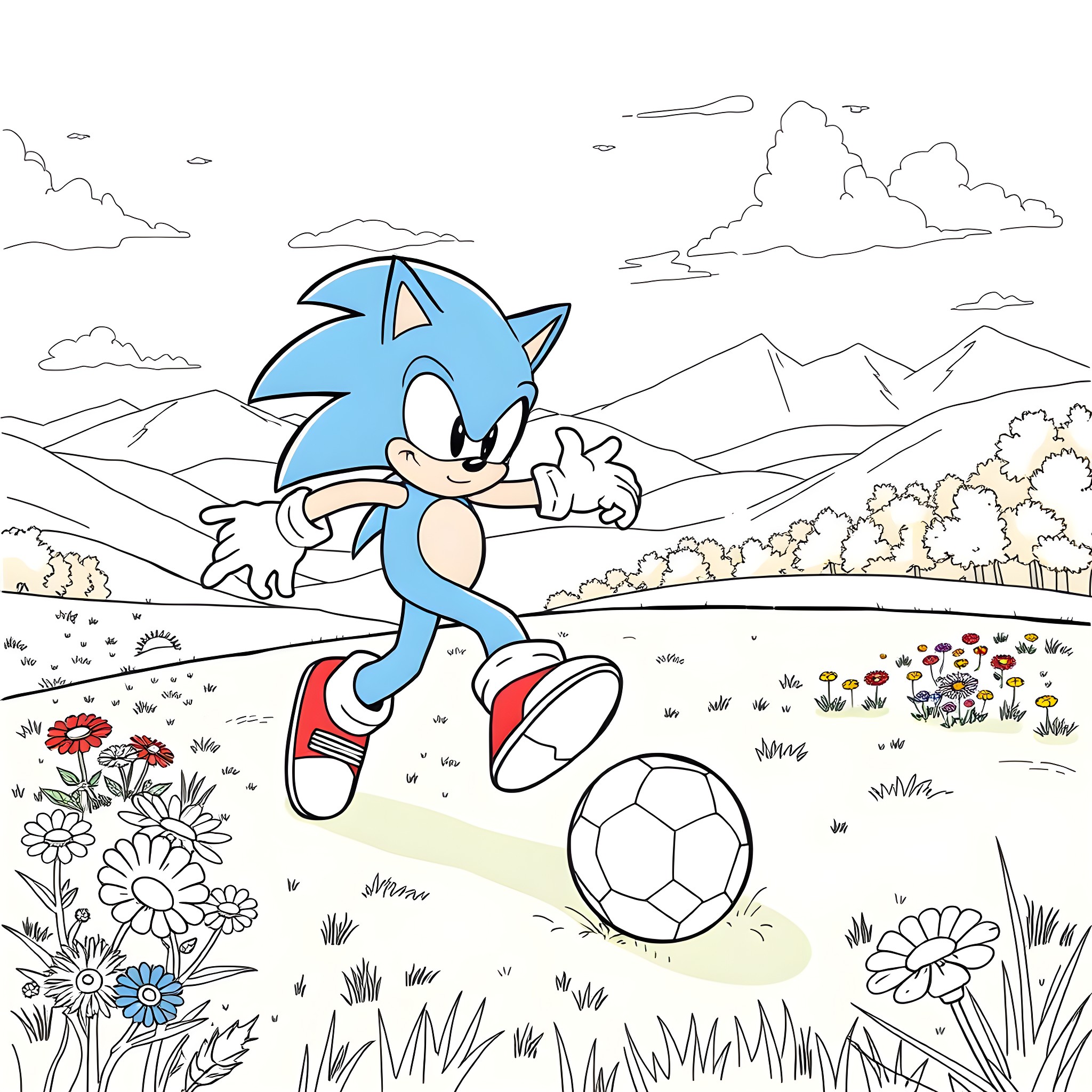 Sonic the Hedgehog dashing through the meadow with a soccer ball Coloring Page (free black-and-white line drawing printable PDF for all, from beginners to advanced learners, including children, teens, adults, and seniors)