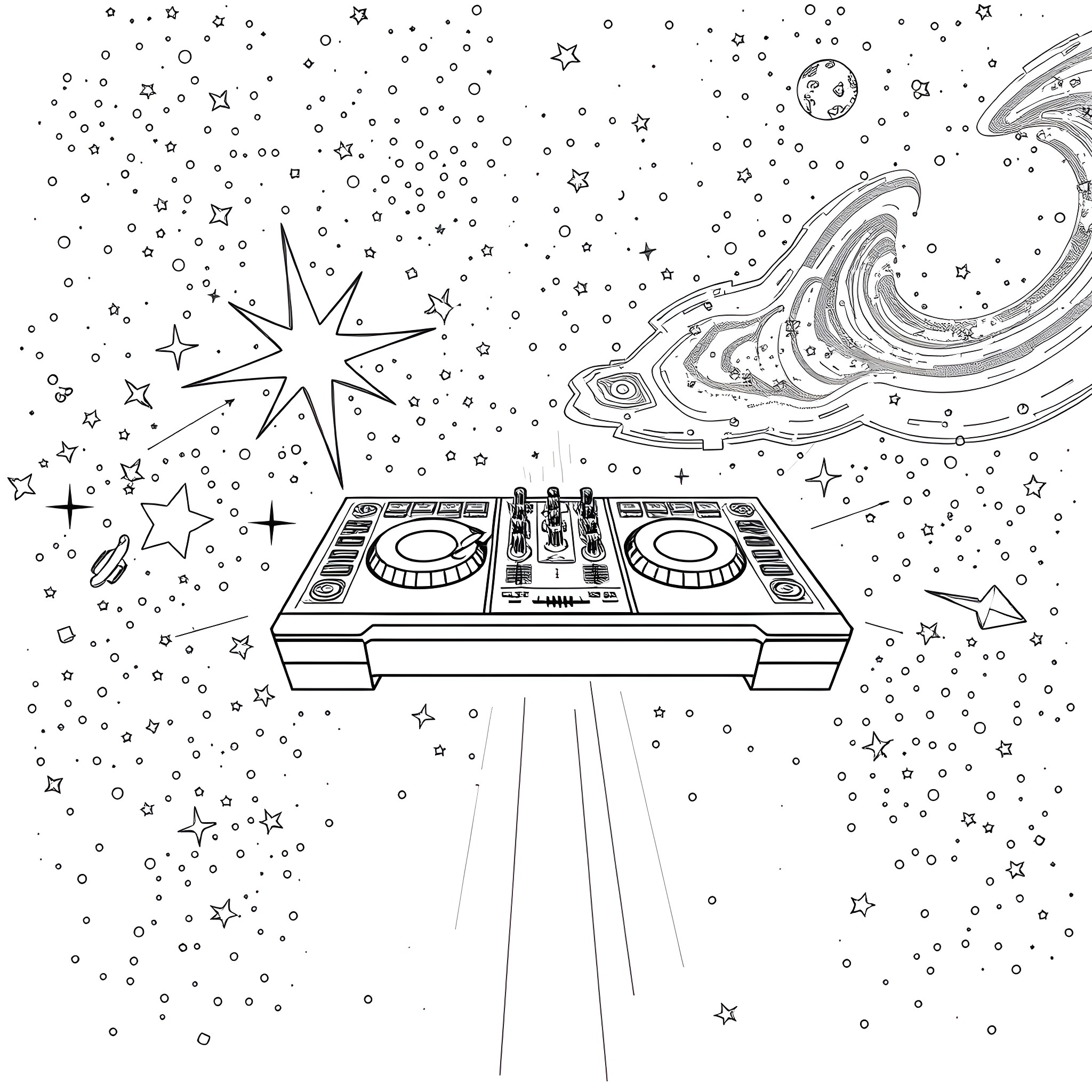 DJ Controller Among Cosmic Stars and Galaxies Coloring Page (free black-and-white line drawing printable PDF for all, from beginners to advanced learners, including children, teens, adults, and seniors)