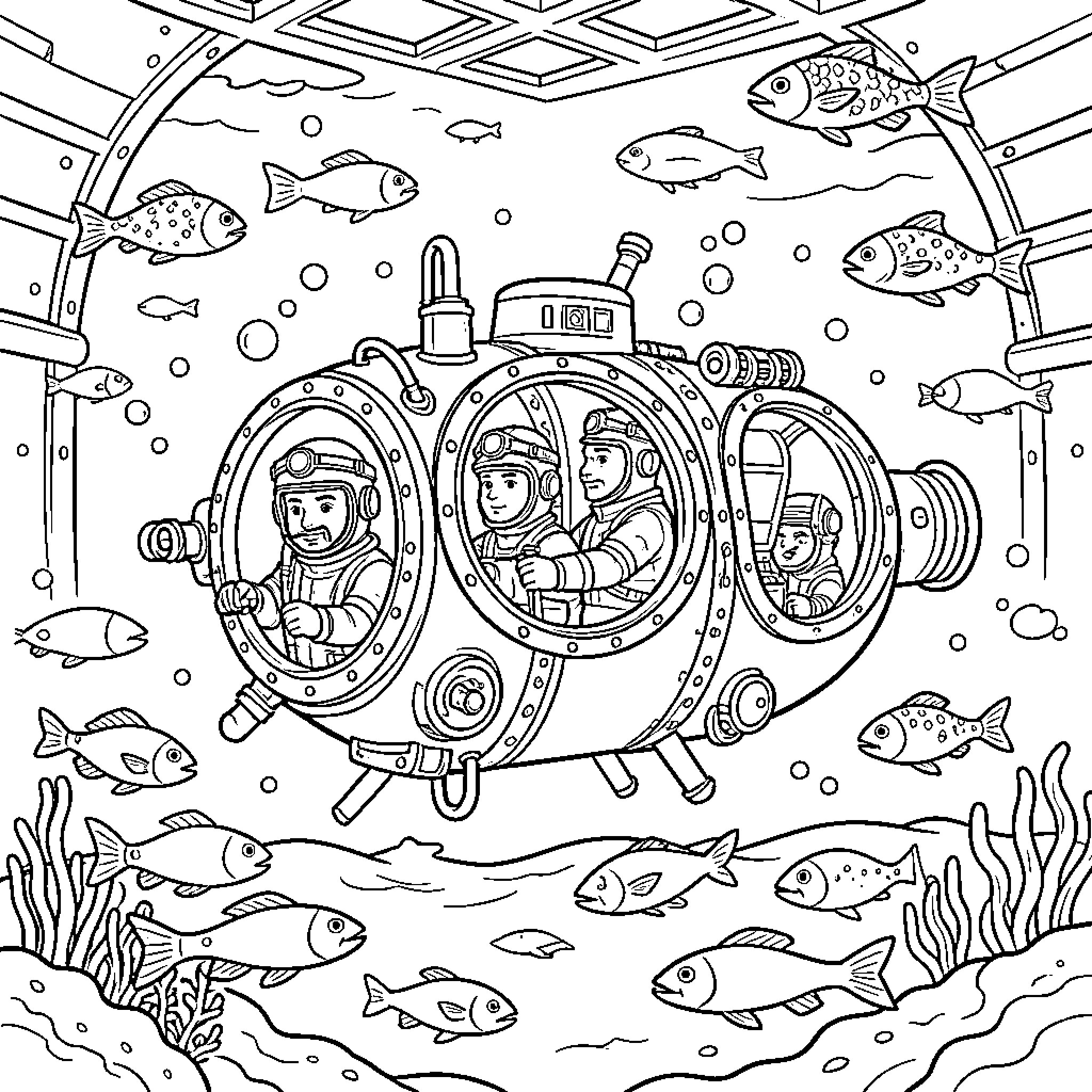 Submariner crew exploring the ocean inside a small vessel Coloring Page (free black-and-white line drawing printable PDF for all, from beginners to advanced learners, including children, teens, adults, and seniors)