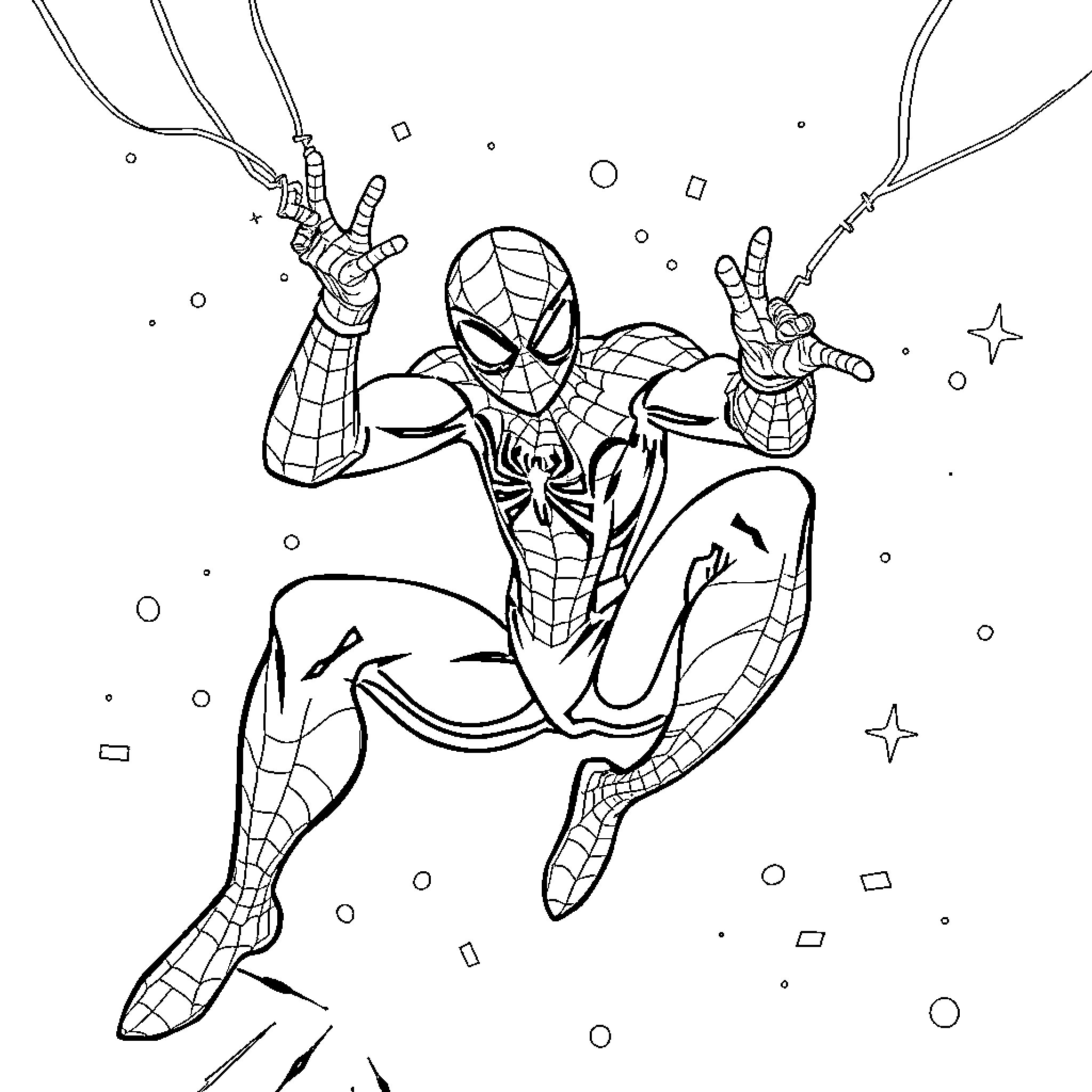 Spider-Man heroically swinging through the city Coloring Page (free black-and-white line drawing printable PDF for all, from beginners to advanced learners, including children, teens, adults, and seniors)