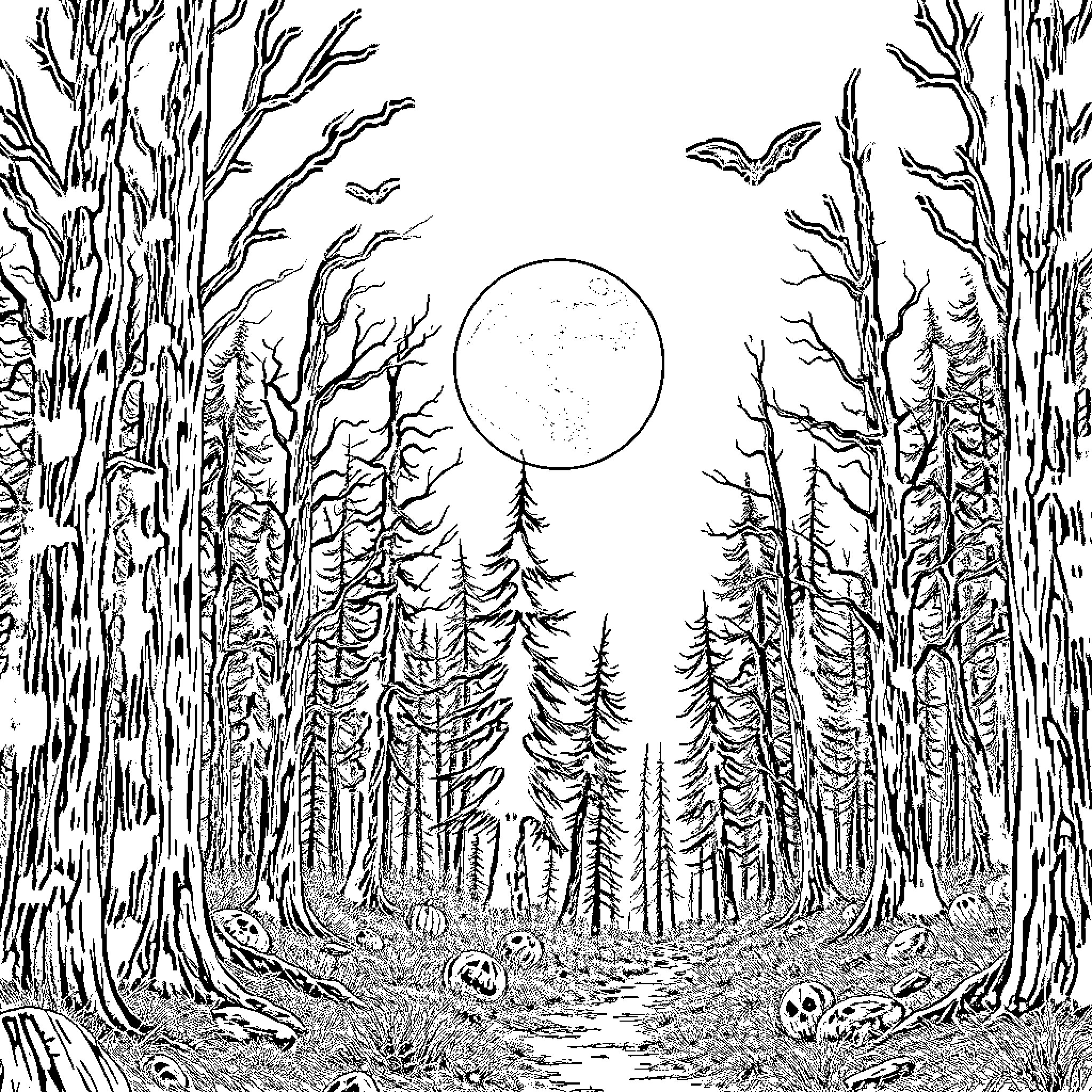 Halloween Forest with Creepy Creatures and Eerie Atmosphere Coloring Page (free black-and-white line drawing printable PDF for all, from beginners to advanced learners, including children, teens, adults, and seniors)