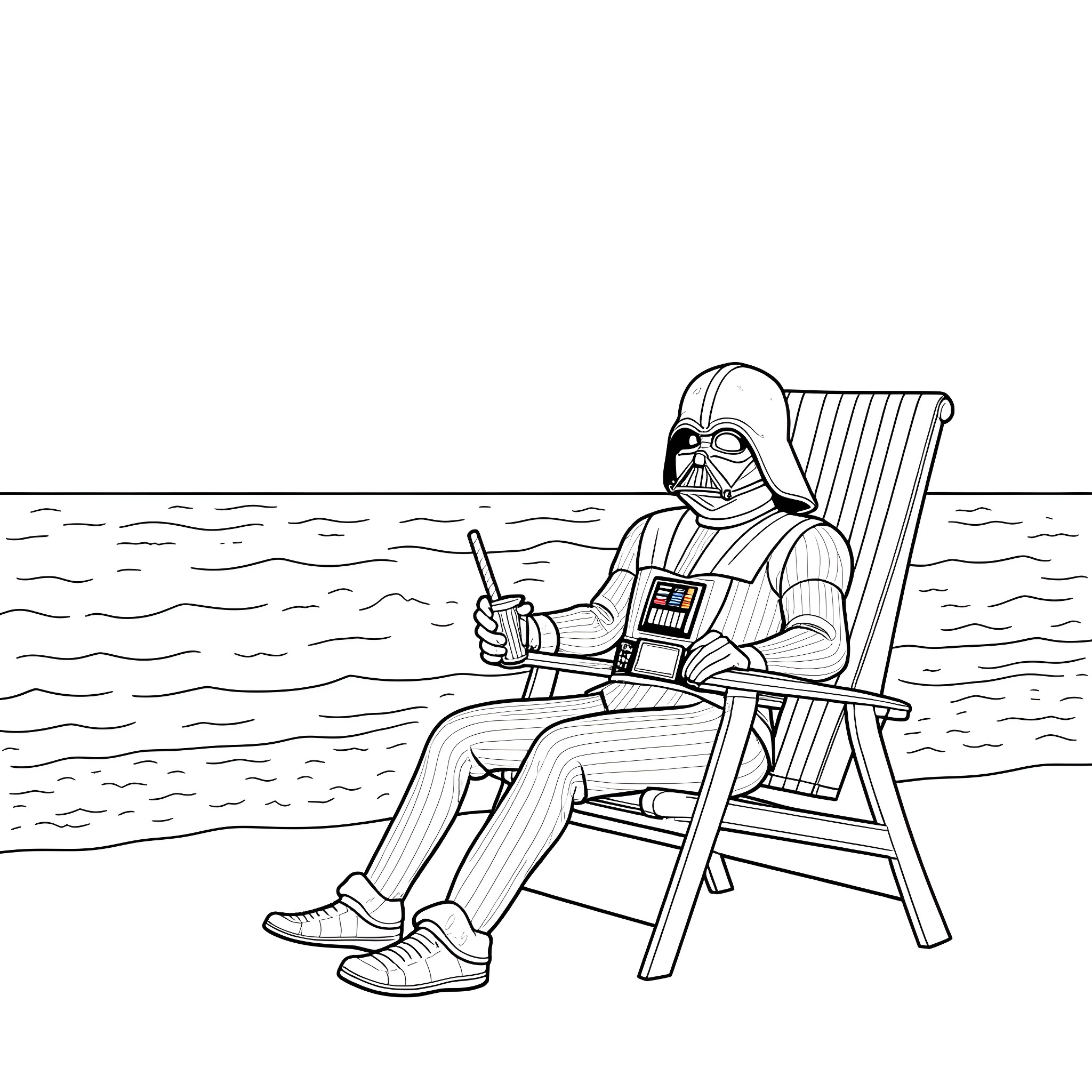 Darth Vader relaxing on the beach Coloring Page (free black-and-white line drawing printable PDF for all, from beginners to advanced learners, including children, teens, adults, and seniors)