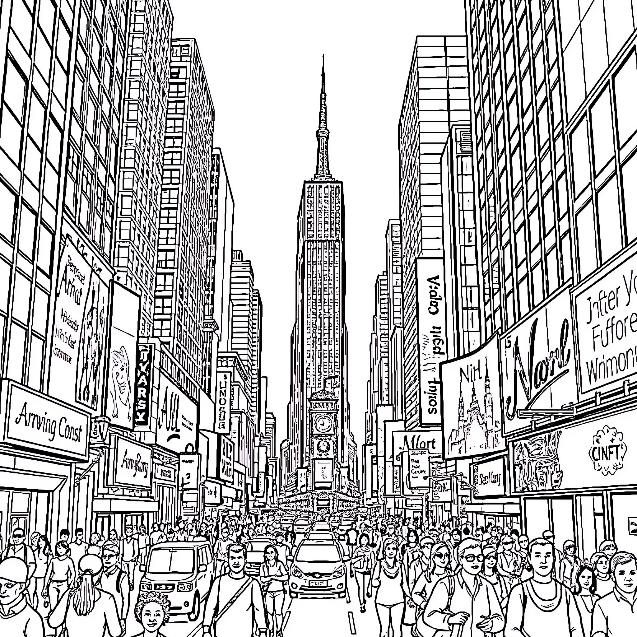New York City street scene with busy crowd Coloring Page (free black-and-white line drawing printable PDF for all, from beginners to advanced learners, including children, teens, adults, and seniors)