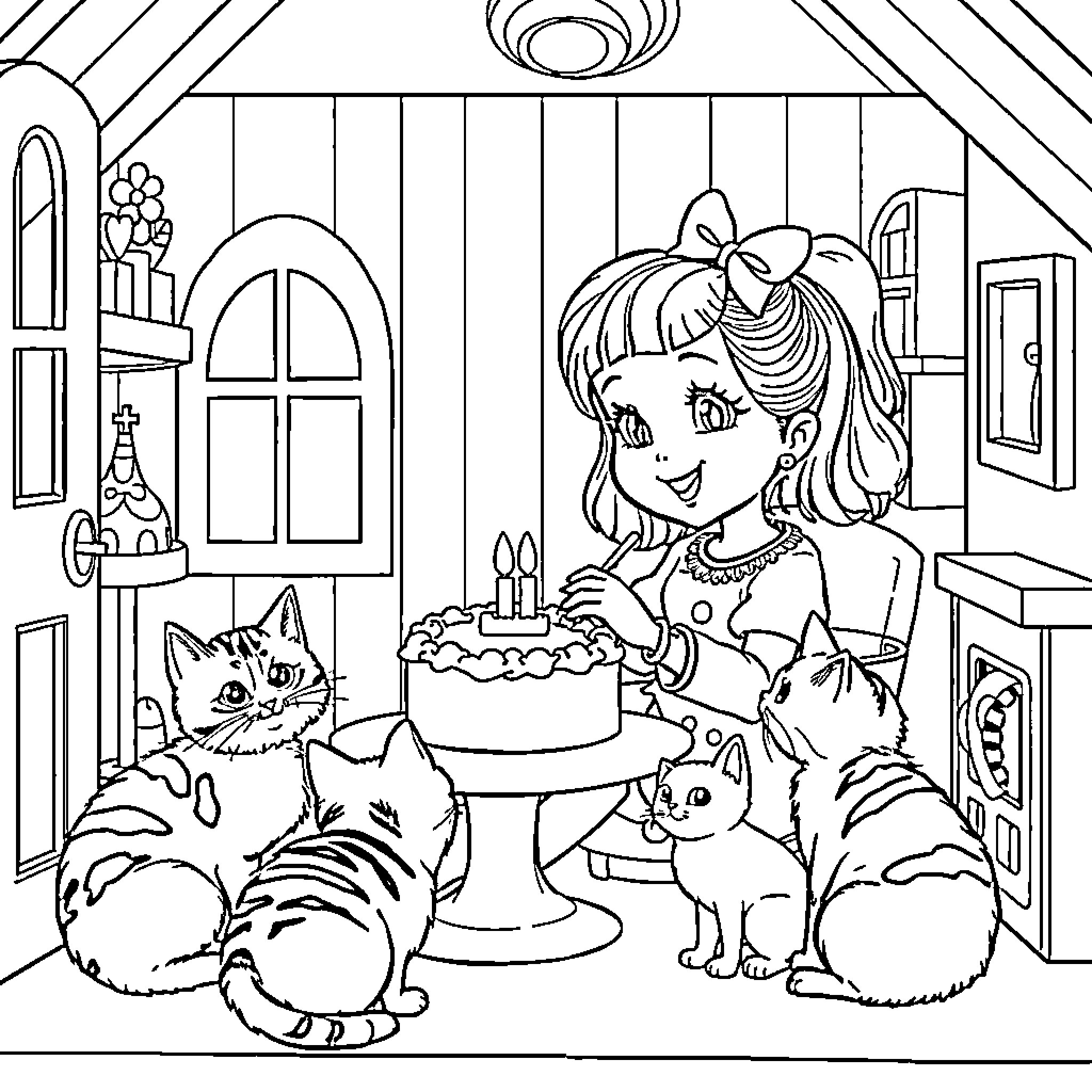 Gabby Dollhouse: Girl Celebrating Birthday with Cats Coloring Page (free black-and-white line drawing printable PDF for all, from beginners to advanced learners, including children, teens, adults, and seniors)