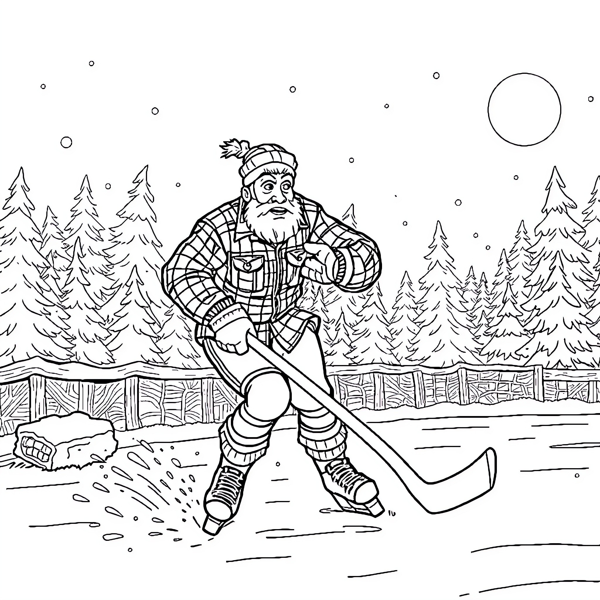 Lumberjack playing hockey in the snowy forest Coloring Page (free black-and-white line drawing printable PDF for all, from beginners to advanced learners, including children, teens, adults, and seniors)