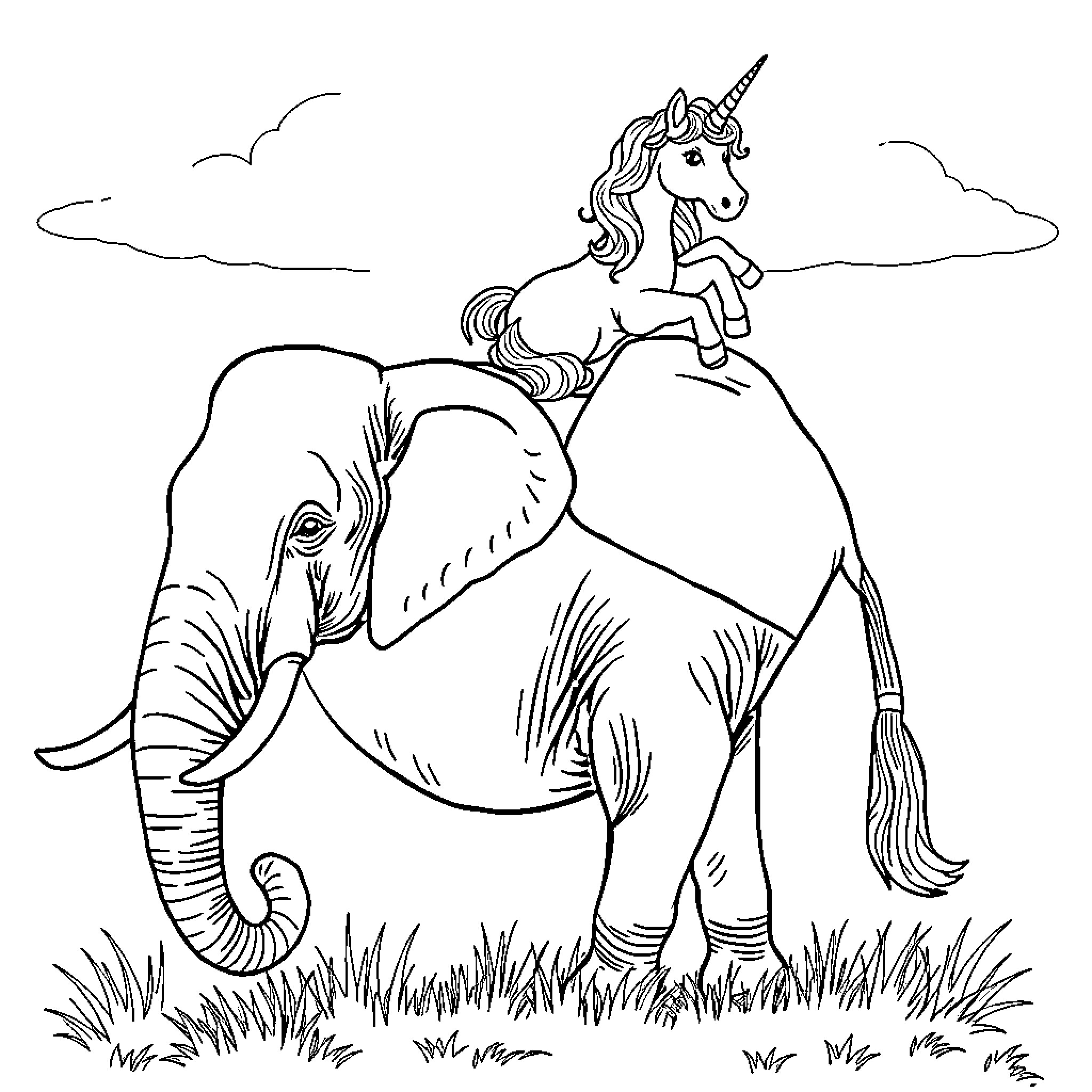 Unicorn riding on the back of an elephant Coloring Page (free black-and-white line drawing printable PDF for all, from beginners to advanced learners, including children, teens, adults, and seniors)