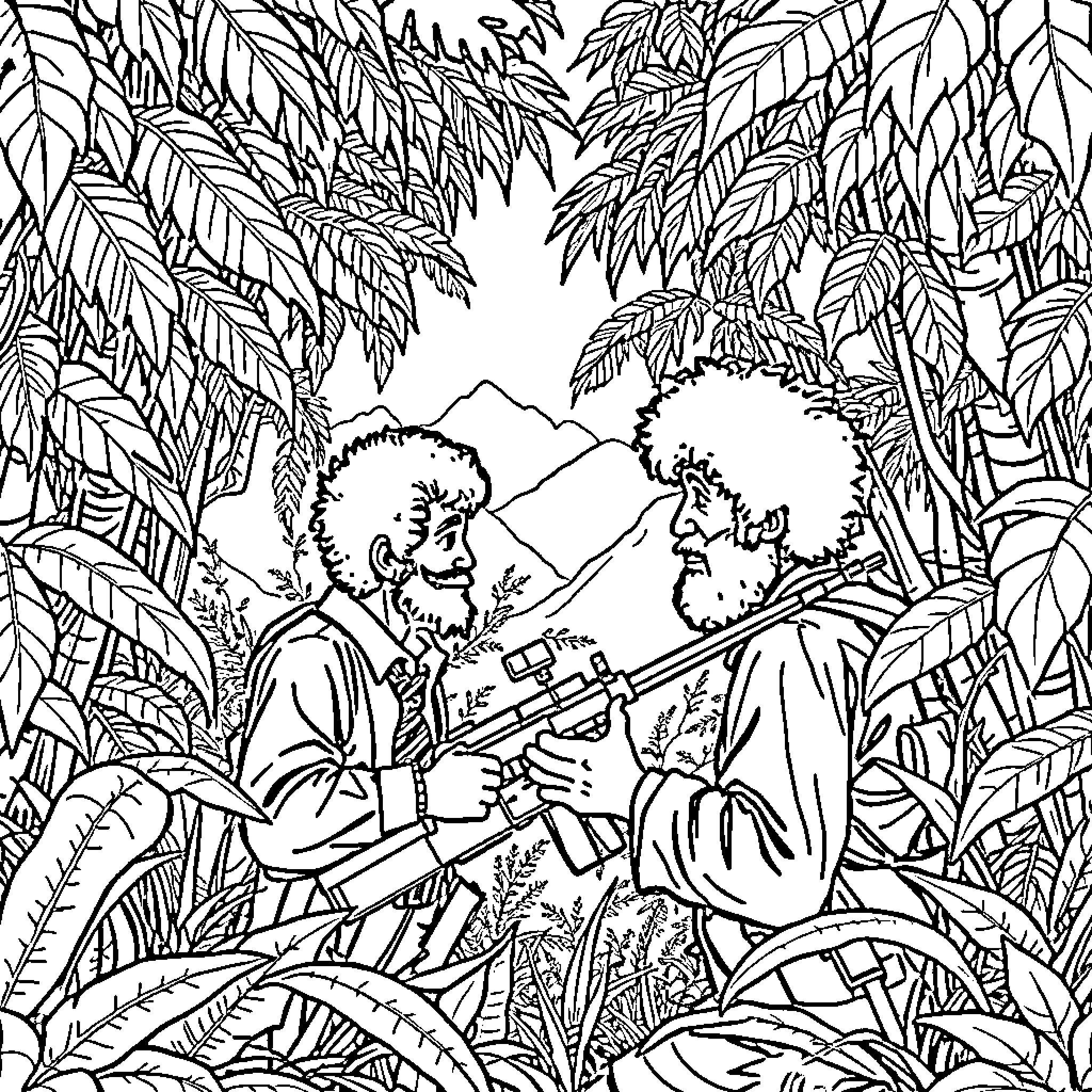 Bob Ross with friend painting serene mountain landscape Coloring Page (free black-and-white line drawing printable PDF for all, from beginners to advanced learners, including children, teens, adults, and seniors)