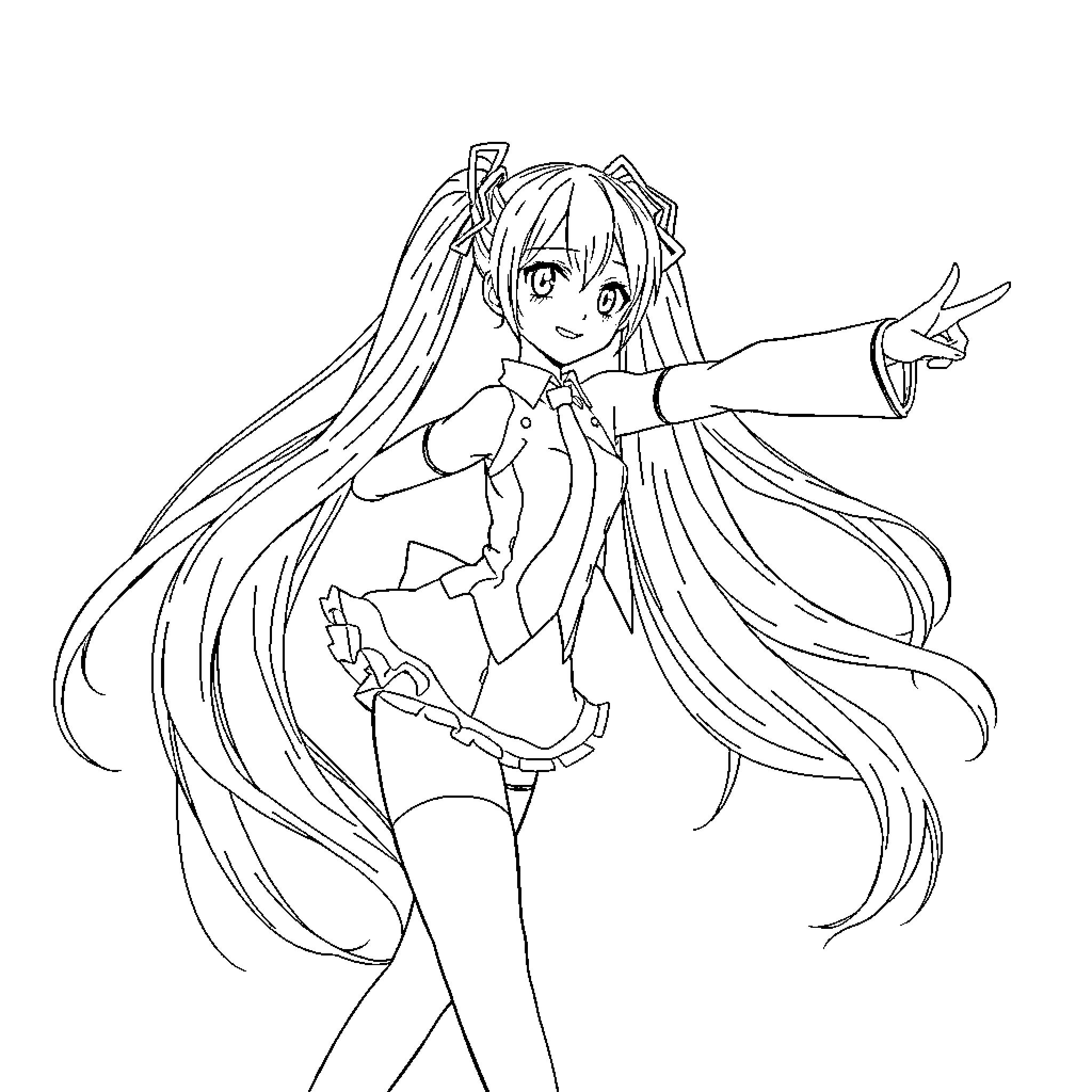 Hatsune Miku posing with long hair and open gesture Coloring Page (free black-and-white line drawing printable PDF for all, from beginners to advanced learners, including children, teens, adults, and seniors)