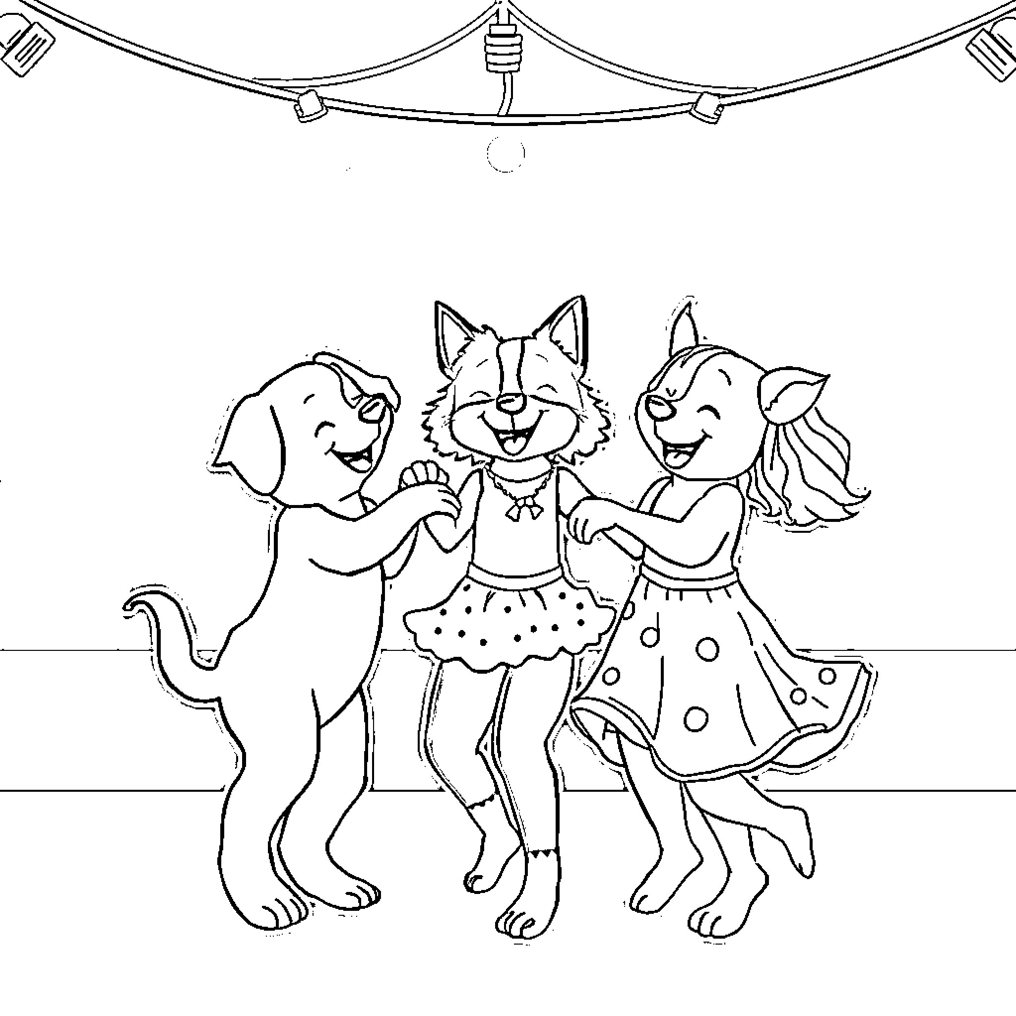 Rumi's Festive Dance with Furry Friends Coloring Page (free black-and-white line drawing printable PDF for all, from beginners to advanced learners, including children, teens, adults, and seniors)