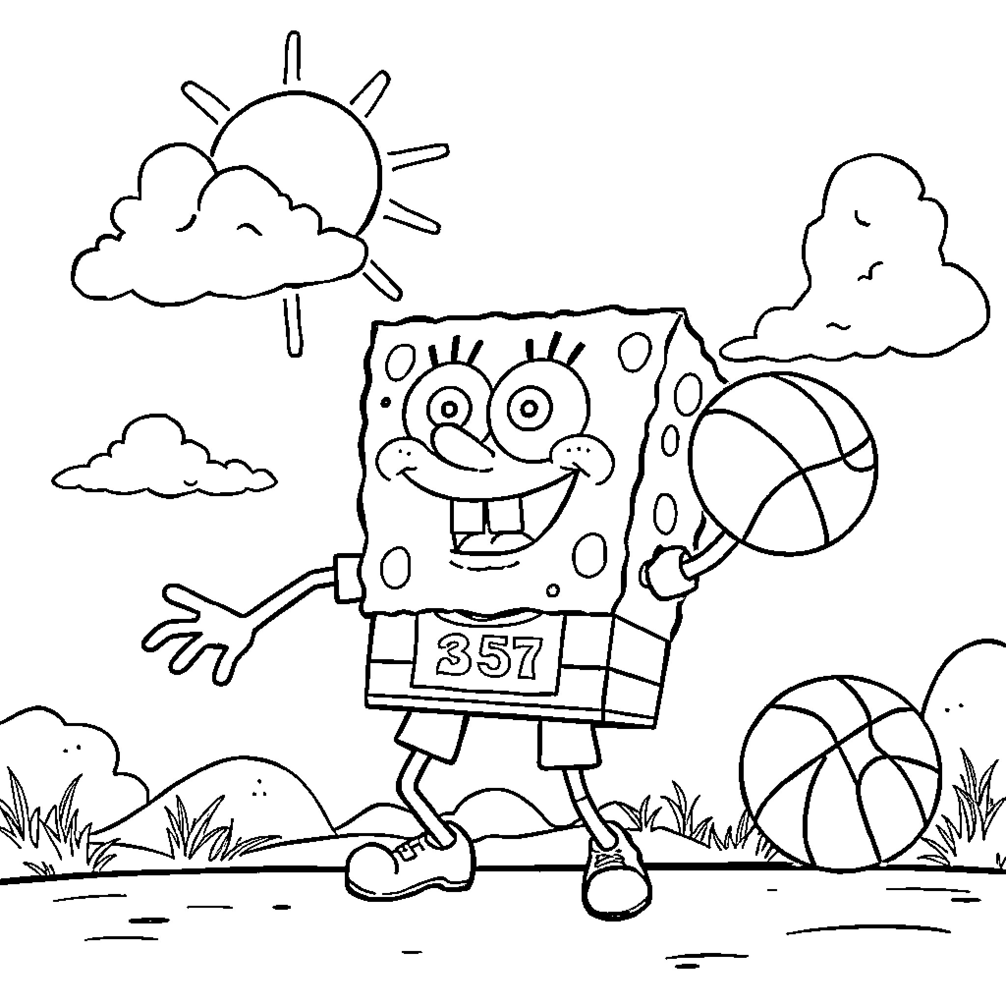 Spongebob playing happily with beach balls in the park Coloring Page (free black-and-white line drawing printable PDF for all, from beginners to advanced learners, including children, teens, adults, and seniors)