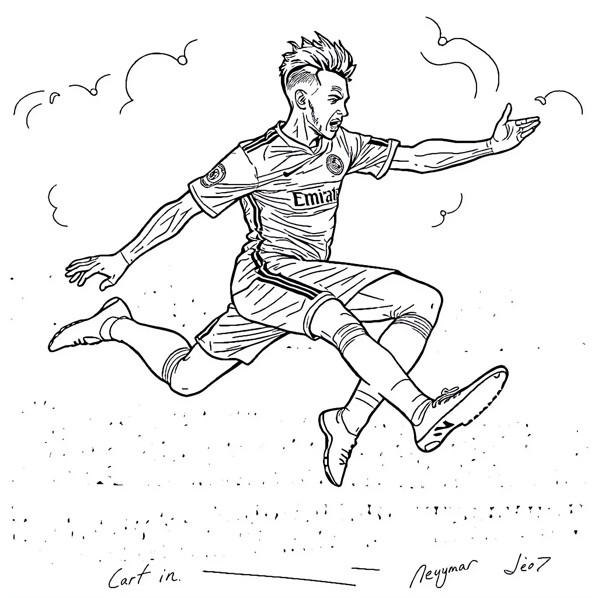 Neymar in action, leaping with outstretched arms Coloring Page (free black-and-white line drawing printable PDF for all, from beginners to advanced learners, including children, teens, adults, and seniors)