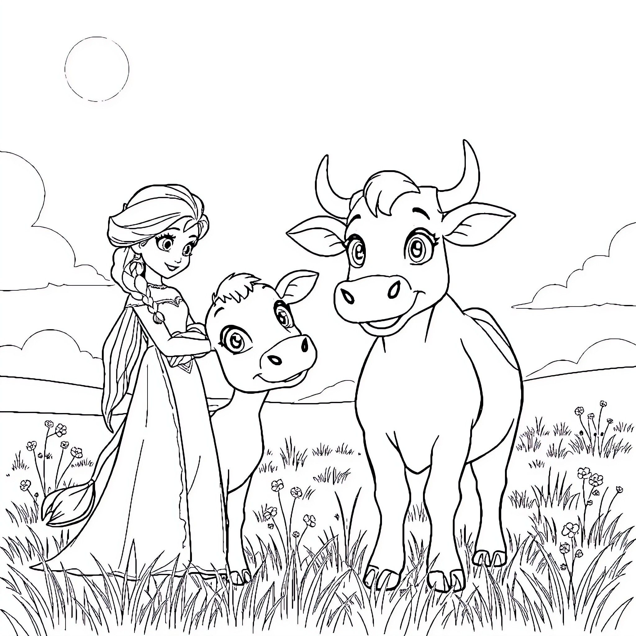 Cow and calf with woman in the meadow Coloring Page (free black-and-white line drawing printable PDF for all, from beginners to advanced learners, including children, teens, adults, and seniors)