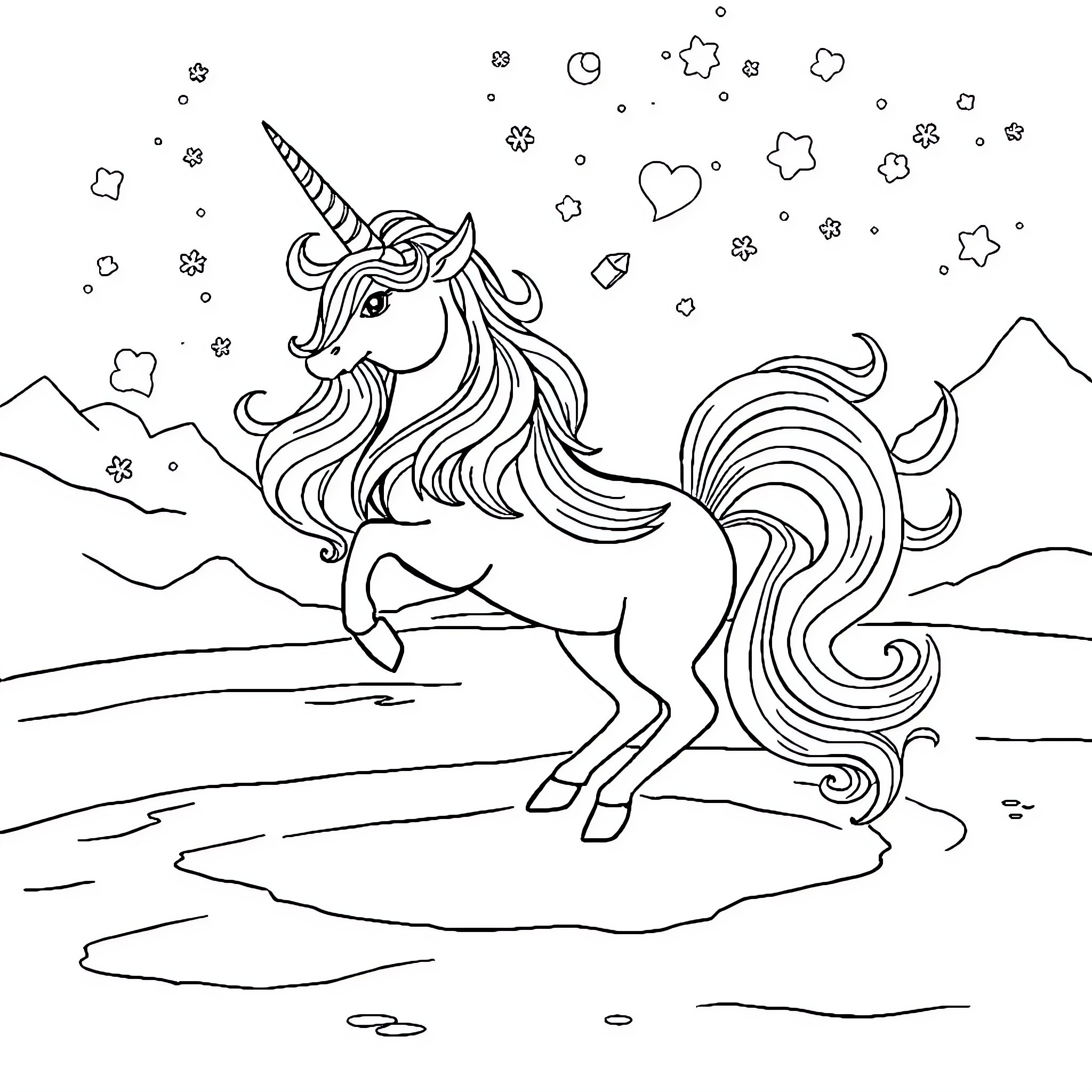 Unicorn prancing through a magical landscape Coloring Page (free black-and-white line drawing printable PDF for all, from beginners to advanced learners, including children, teens, adults, and seniors)