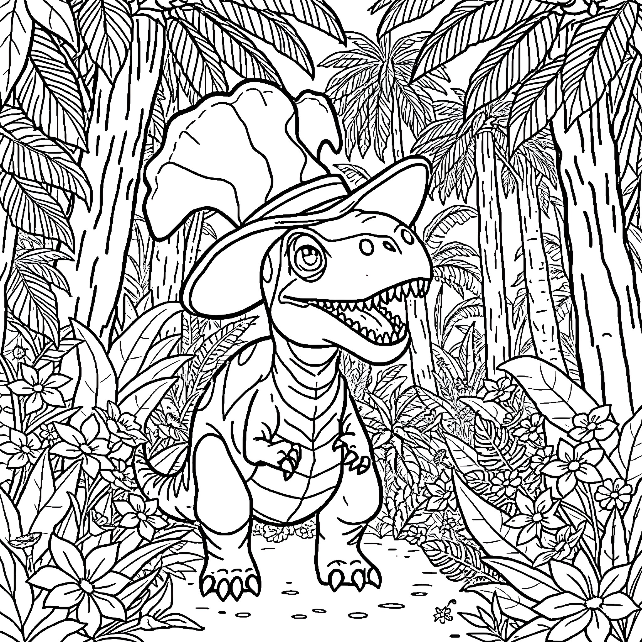 Dinosaur Exploring the Lush Jungle Terrain Coloring Page (free black-and-white line drawing printable PDF for all, from beginners to advanced learners, including children, teens, adults, and seniors)