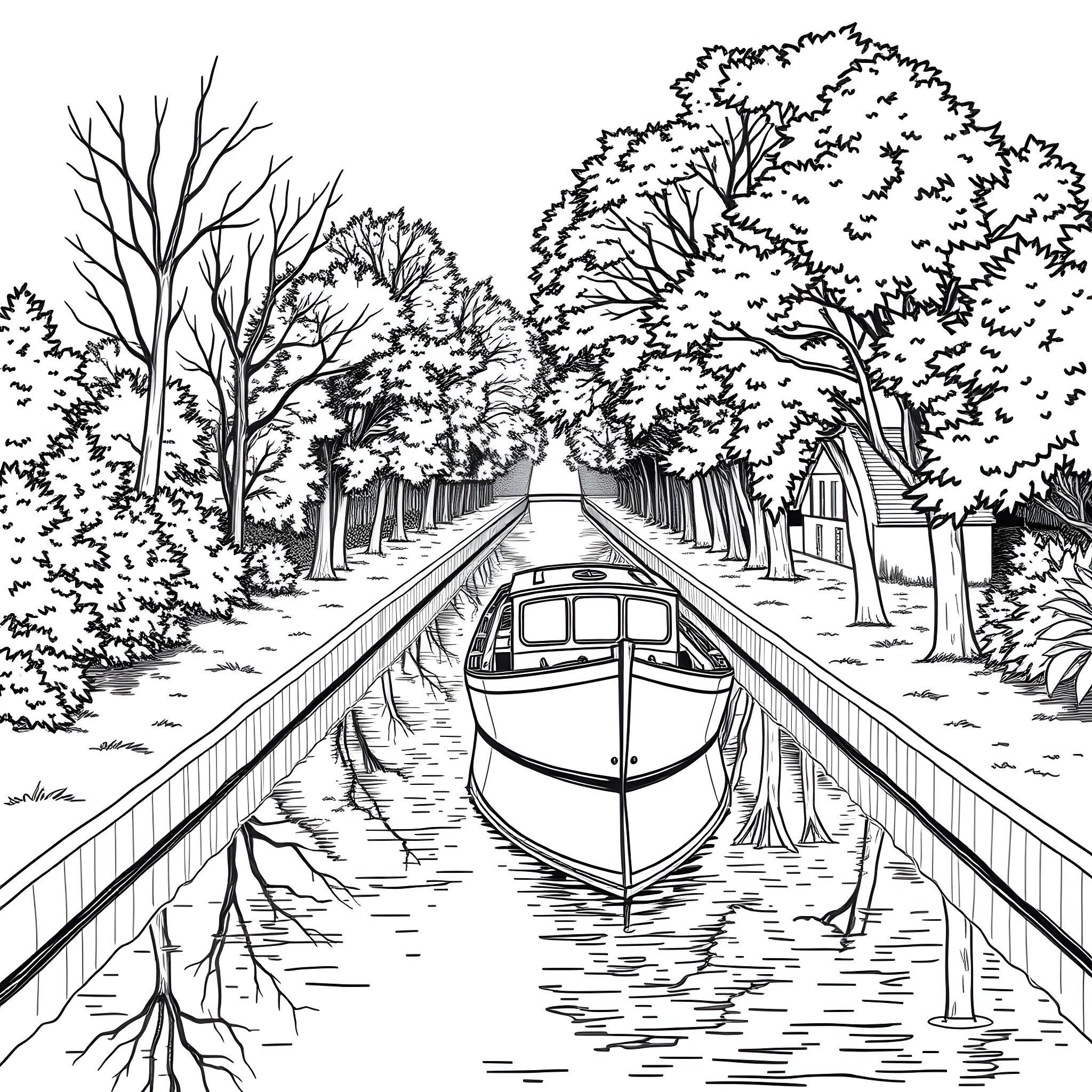 Narrowboat floating on a peaceful canal surrounded by trees Coloring Page (free black-and-white line drawing printable PDF for all, from beginners to advanced learners, including children, teens, adults, and seniors)