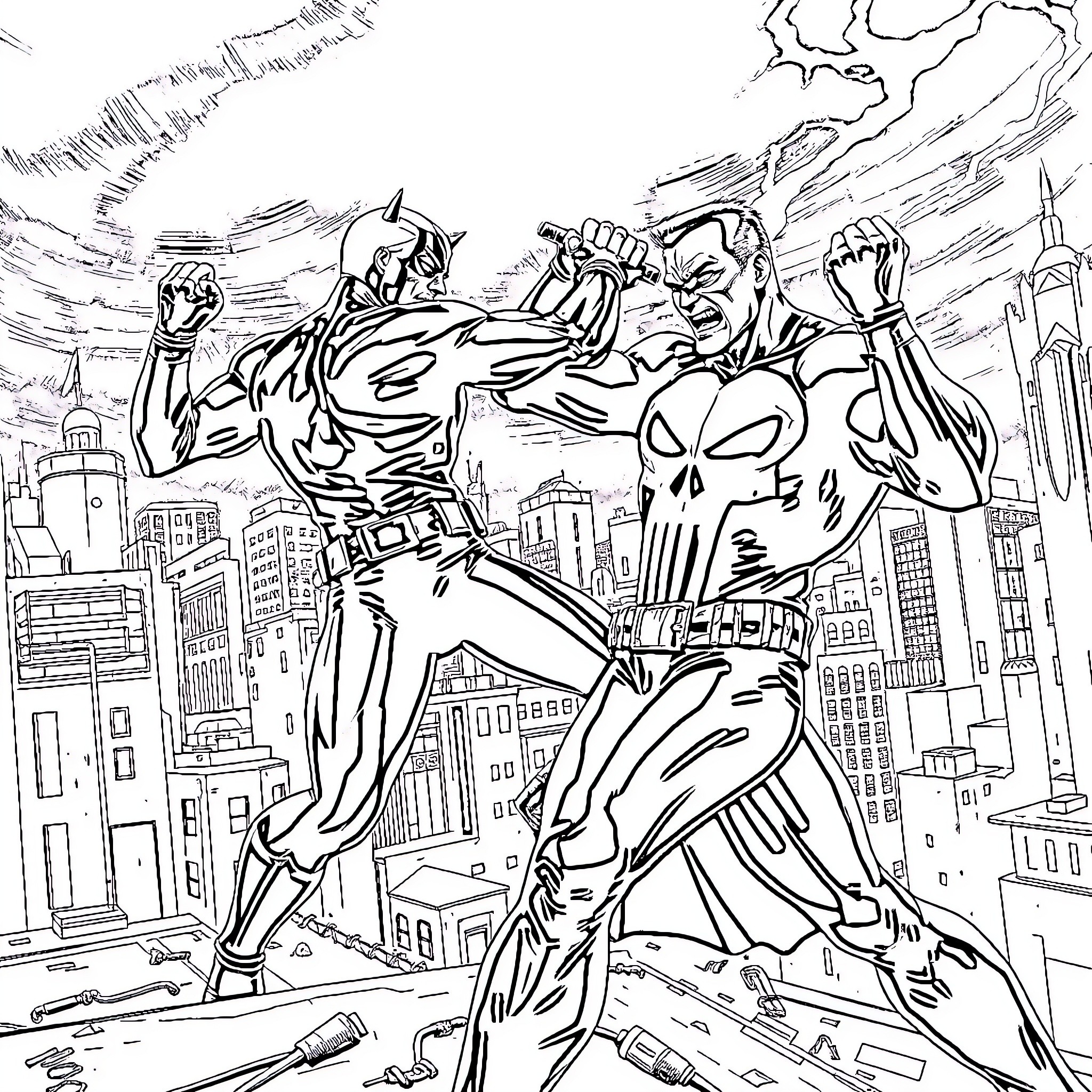Daredevil and Superhero in Epic Battle Over City Skyline Coloring Page (free black-and-white line drawing printable PDF for all, from beginners to advanced learners, including children, teens, adults, and seniors)