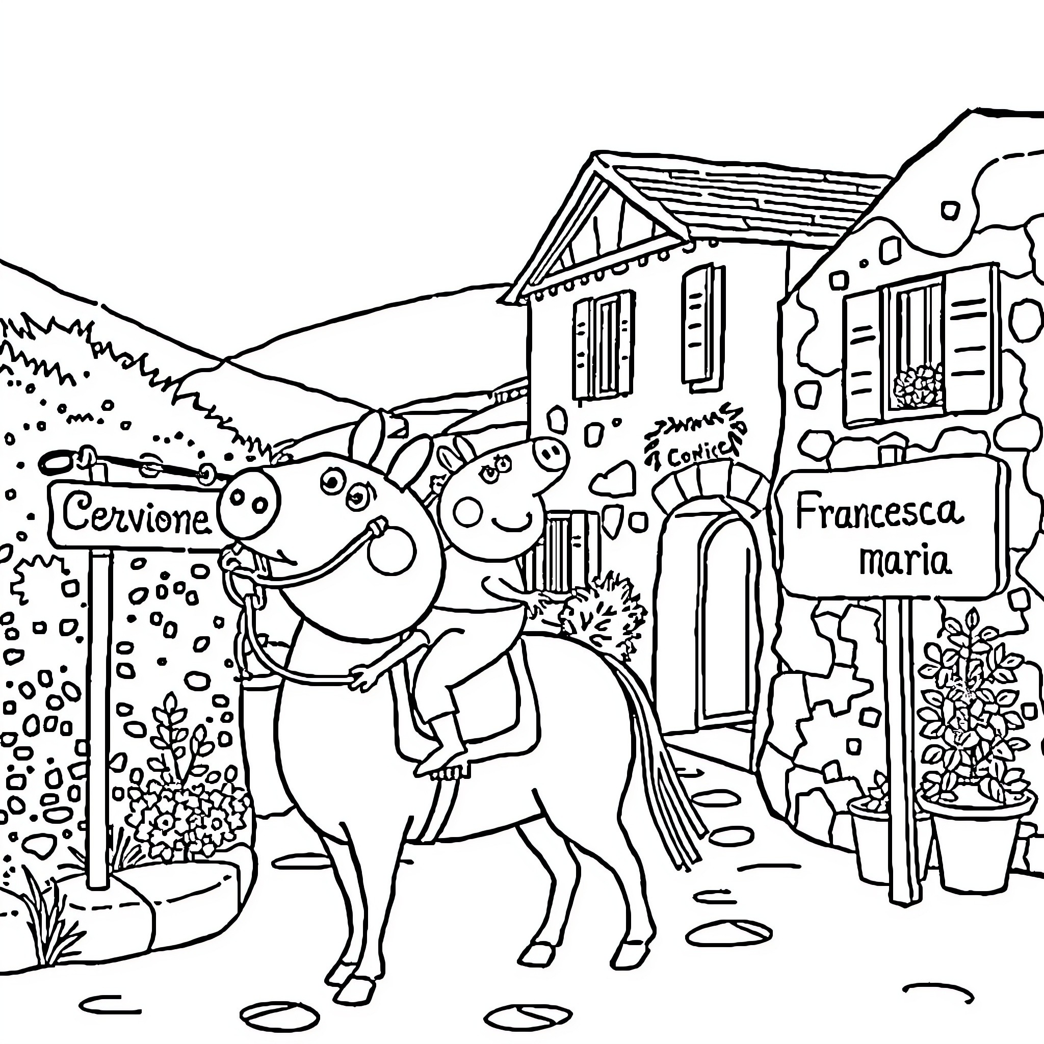 Peppa Pig Explores a Charming Italian Village Coloring Page (free black-and-white line drawing printable PDF for all, from beginners to advanced learners, including children, teens, adults, and seniors)