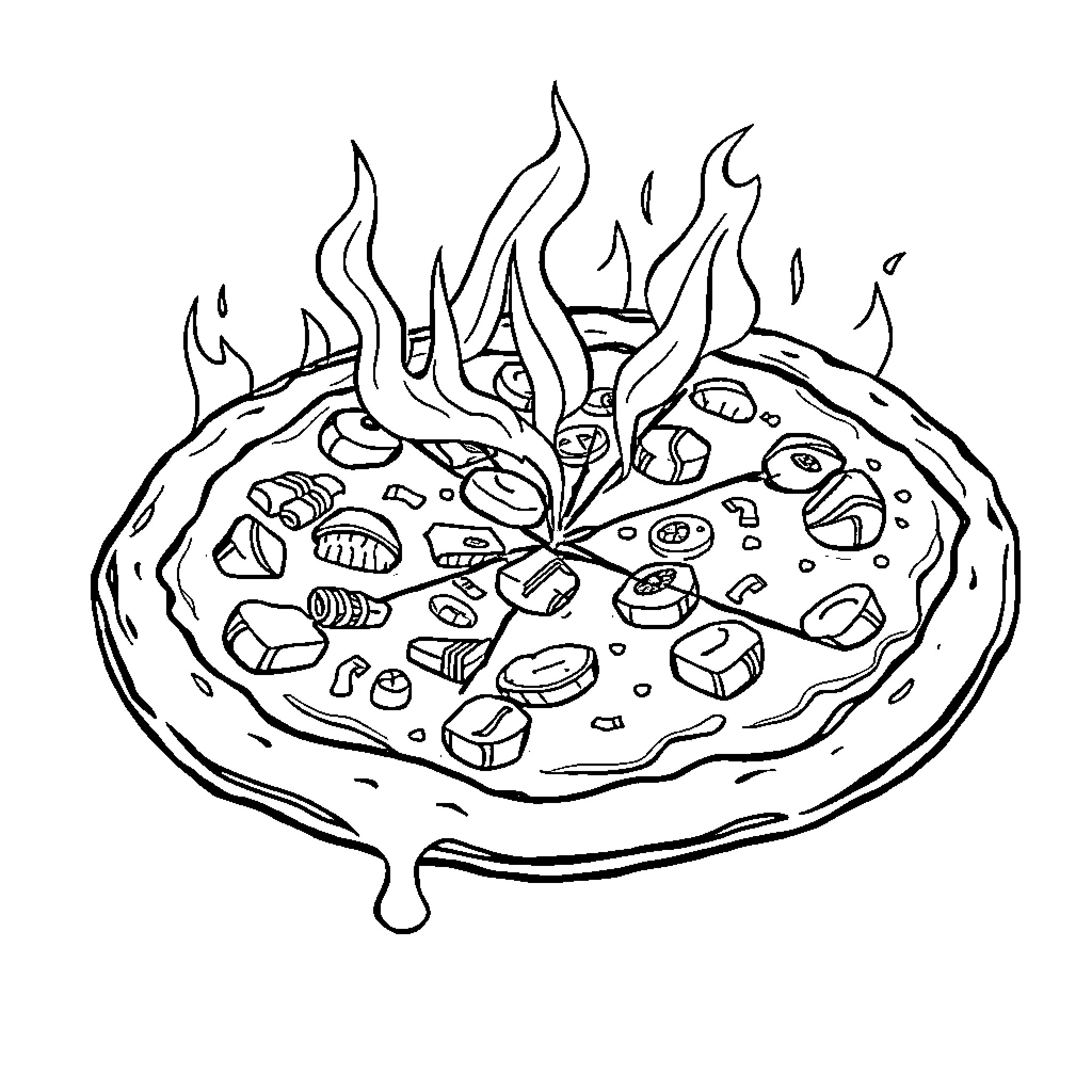 Pizza with Creative Toppings and Flames Coloring Page (free black-and-white line drawing printable PDF for all, from beginners to advanced learners, including children, teens, adults, and seniors)
