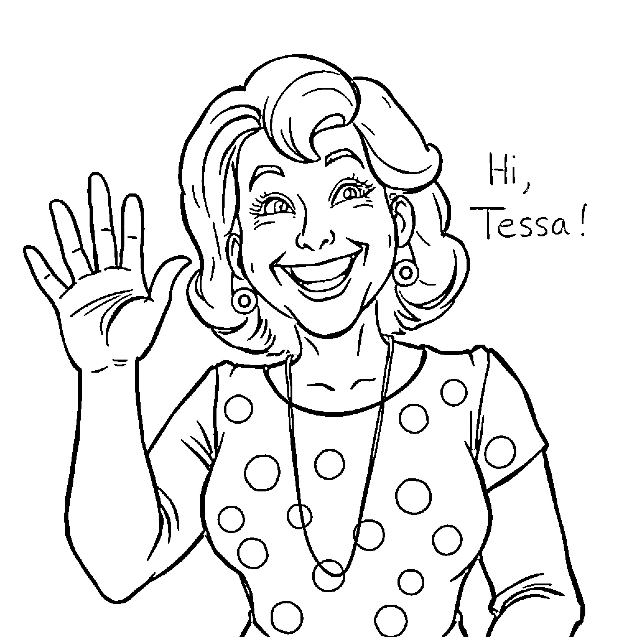 Junie B Jones waving and smiling excitedly Coloring Page (free black-and-white line drawing printable PDF for all, from beginners to advanced learners, including children, teens, adults, and seniors)