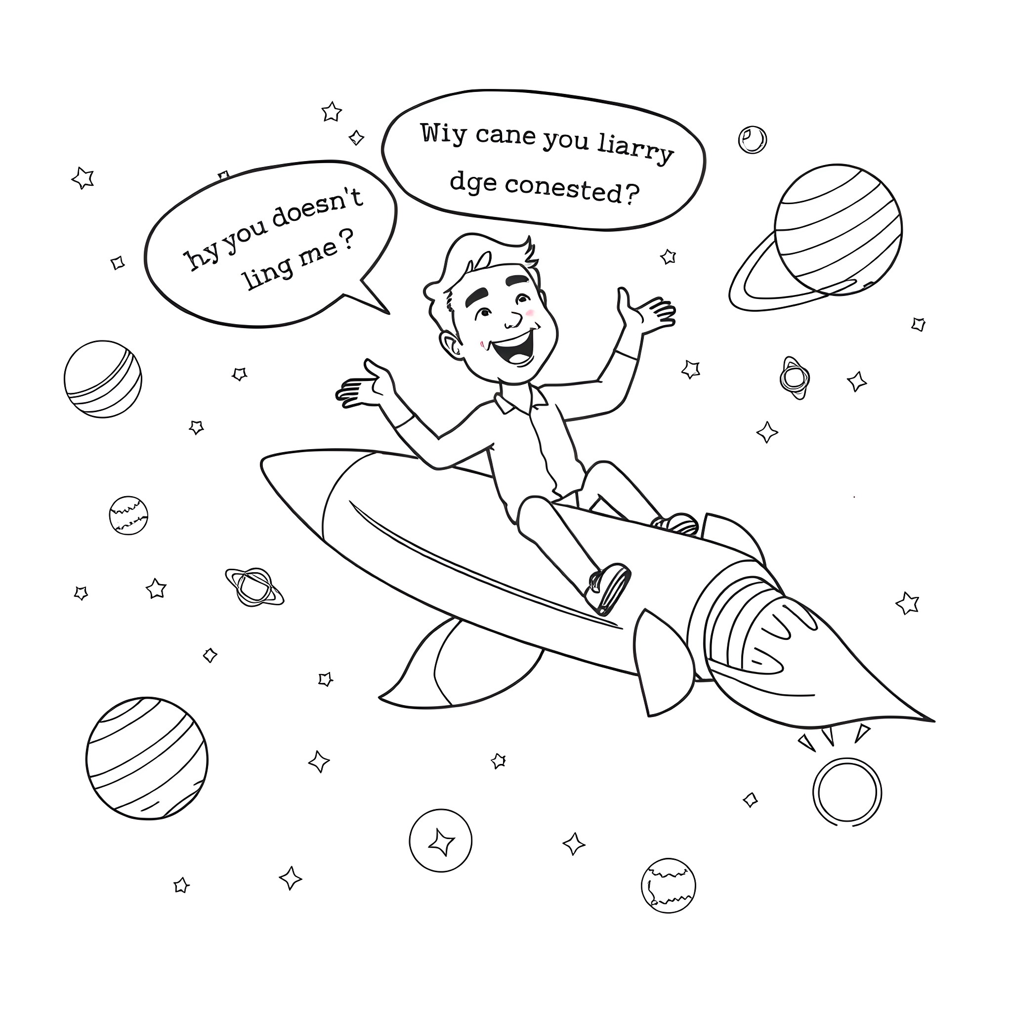 Elon Musk exploring the cosmos in a rocket ship Coloring Page (free black-and-white line drawing printable PDF for all, from beginners to advanced learners, including children, teens, adults, and seniors)