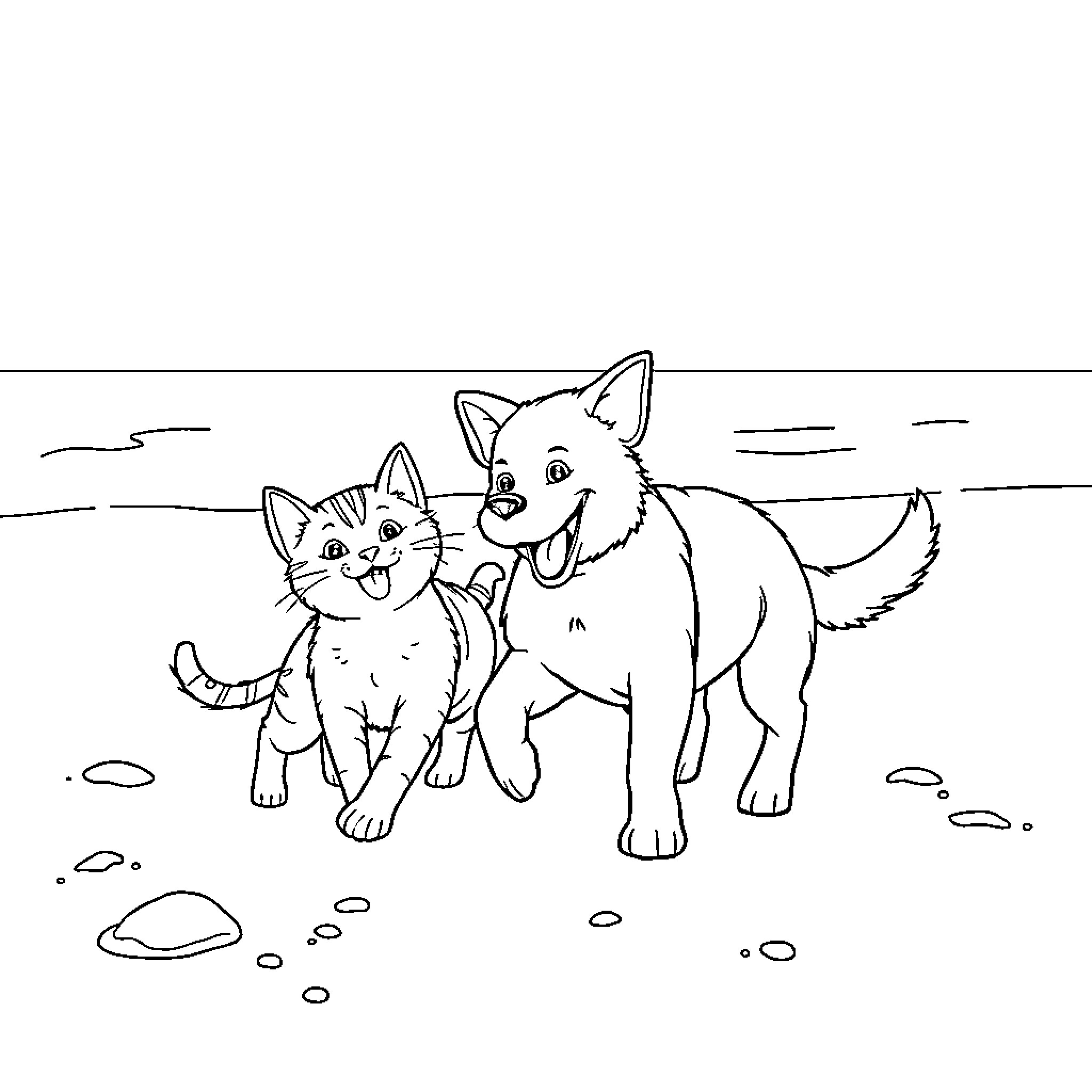 Cat and dog playing in the park Coloring Page (free black-and-white line drawing printable PDF for all, from beginners to advanced learners, including children, teens, adults, and seniors)