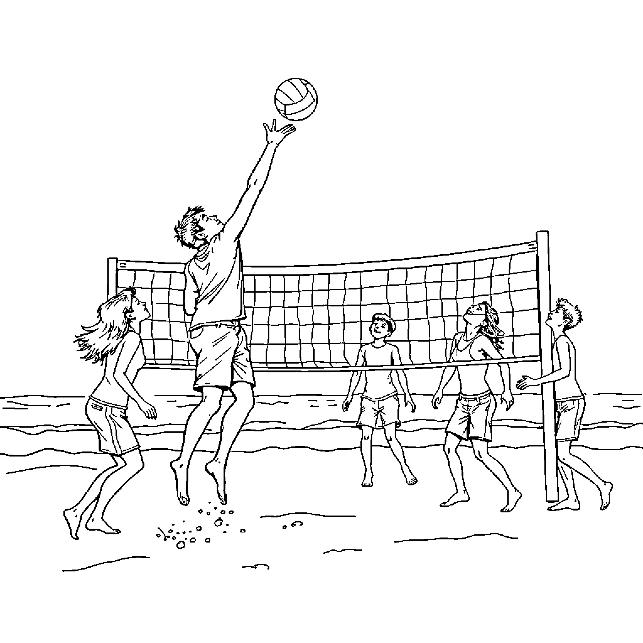 Dad playing beach volleyball with family Coloring Page (free black-and-white line drawing printable PDF for all, from beginners to advanced learners, including children, teens, adults, and seniors)