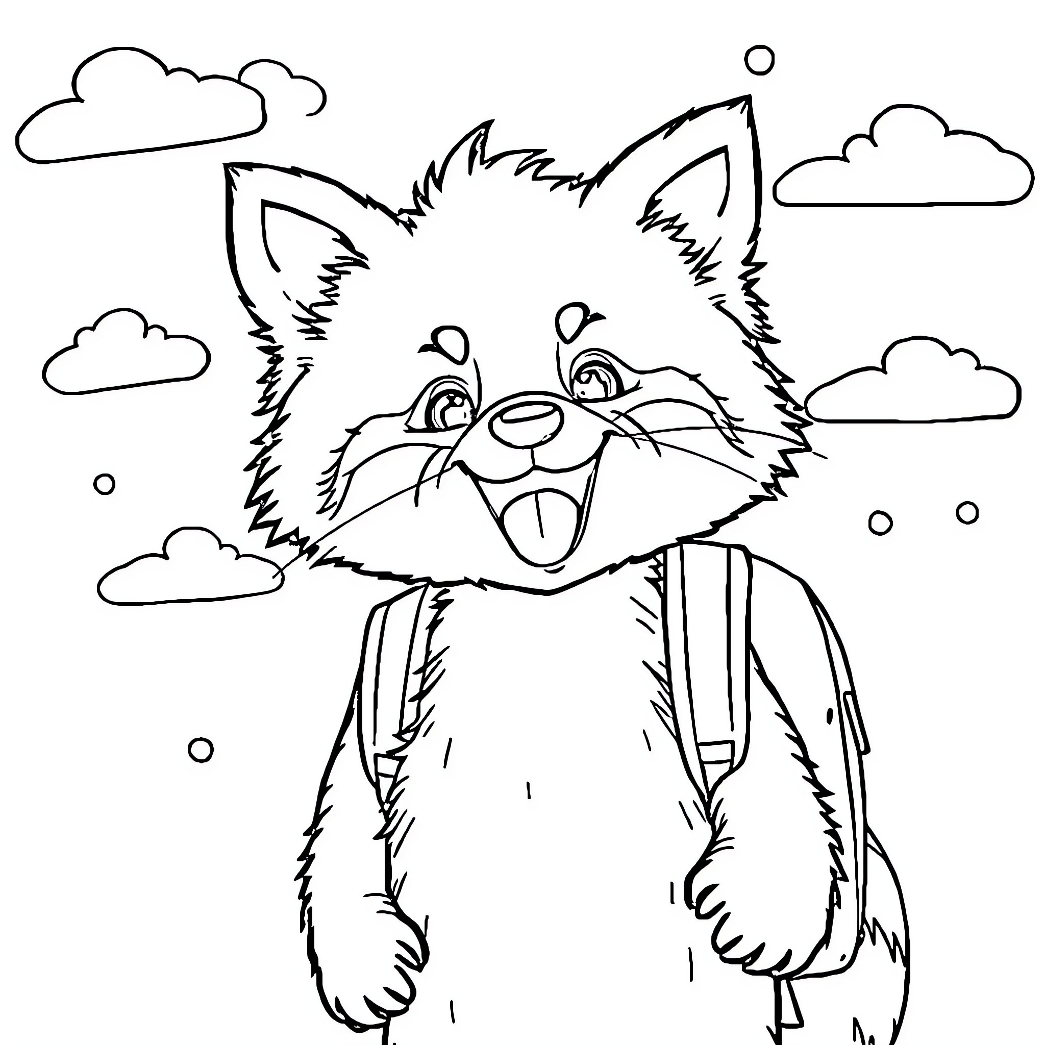 Panda wearing backpack and smiling in nature Coloring Page (free black-and-white line drawing printable PDF for all, from beginners to advanced learners, including children, teens, adults, and seniors)