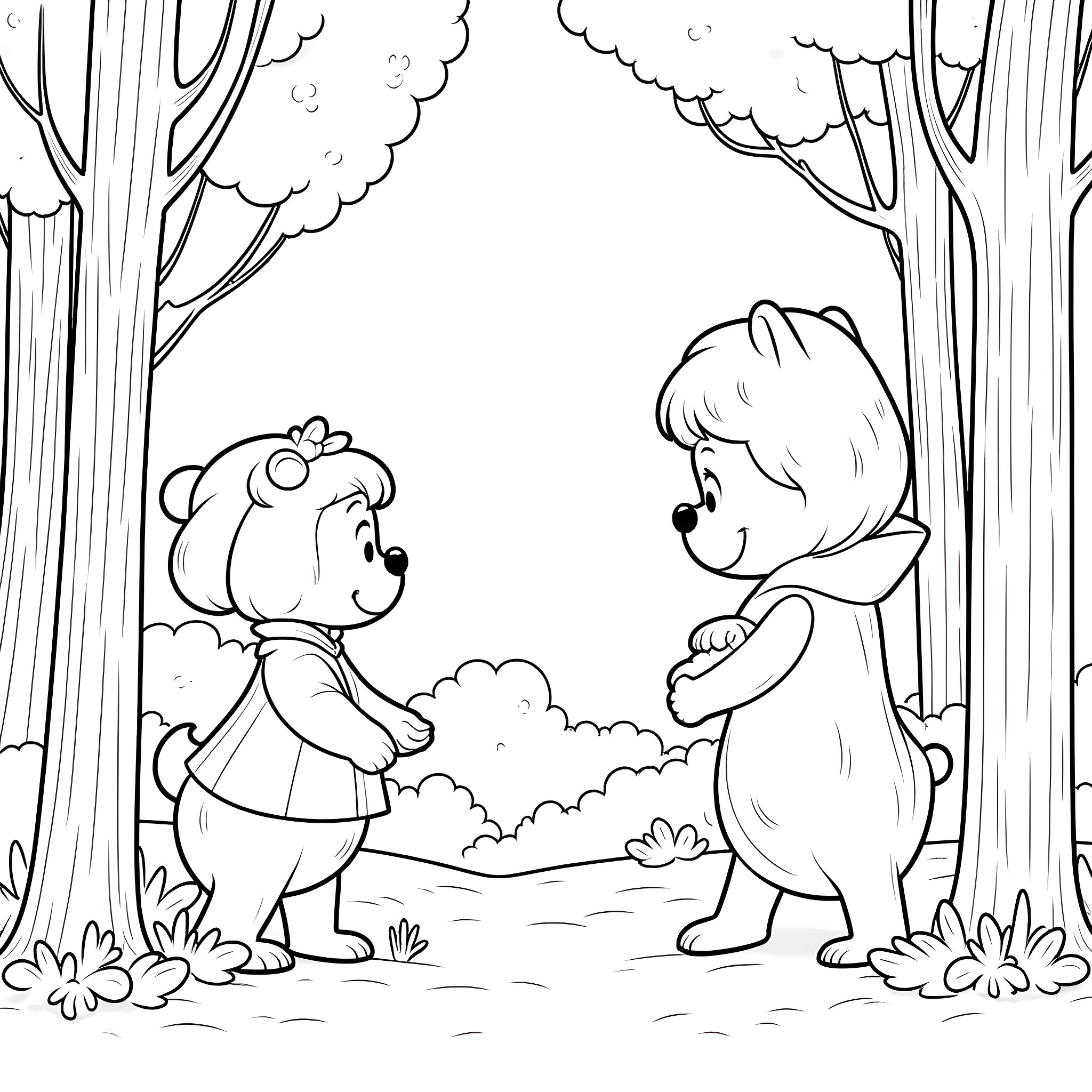 Bear friends meeting in the forest Coloring Page (free black-and-white line drawing printable PDF for all, from beginners to advanced learners, including children, teens, adults, and seniors)