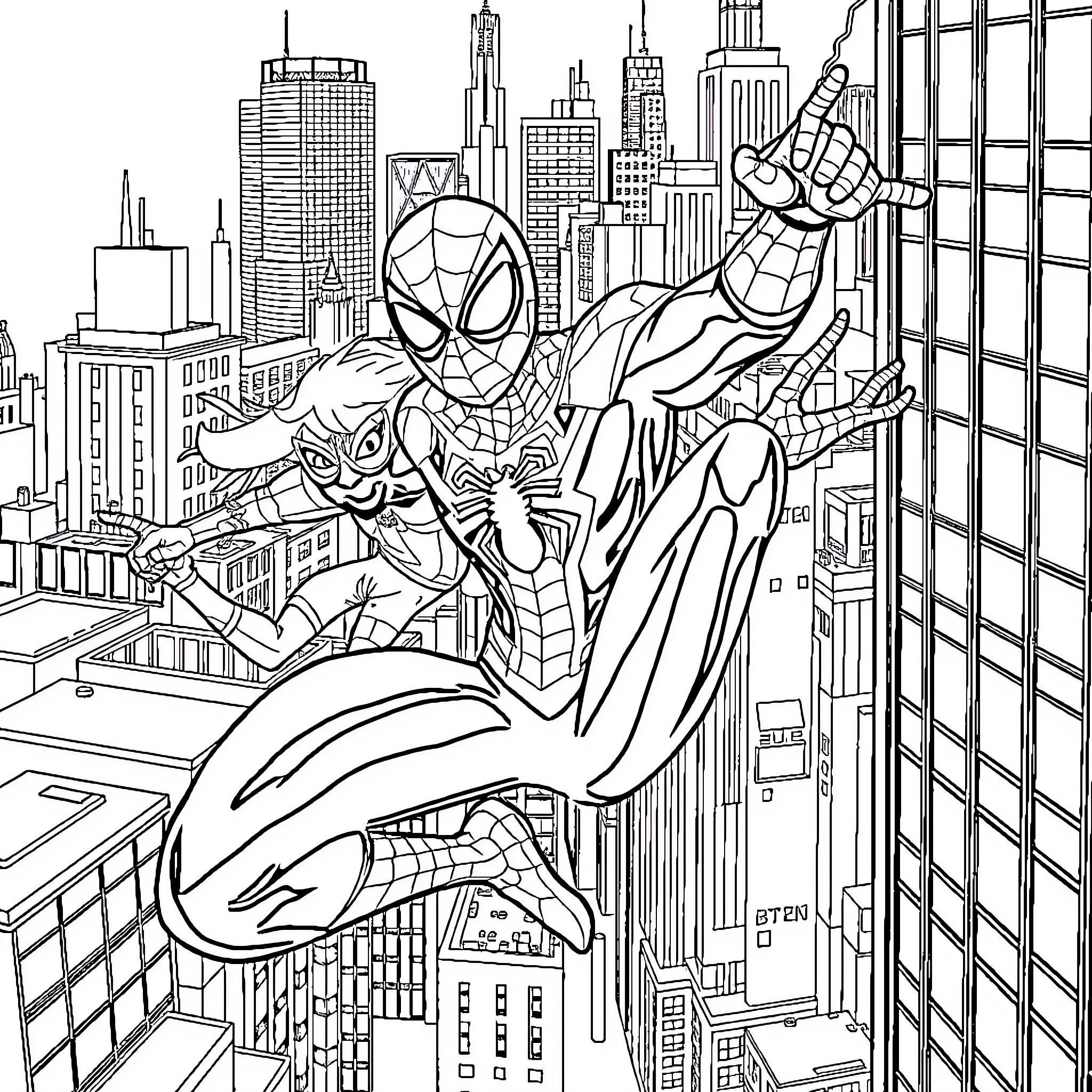 Spiderman swinging through the city skyline Coloring Page (free black-and-white line drawing printable PDF for all, from beginners to advanced learners, including children, teens, adults, and seniors)
