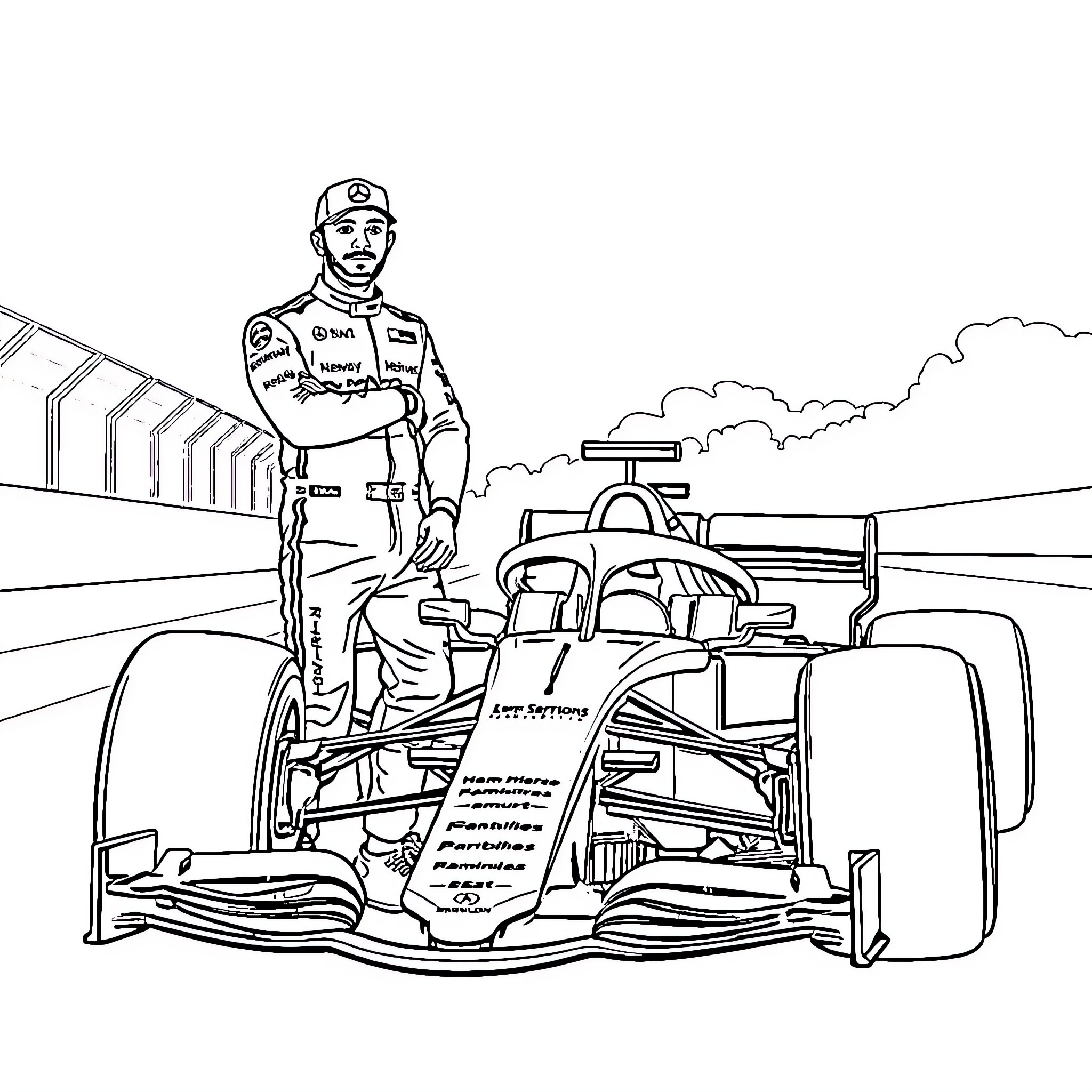 Lewis Hamilton racing his Formula One car on the track Coloring Page (free black-and-white line drawing printable PDF for all, from beginners to advanced learners, including children, teens, adults, and seniors)