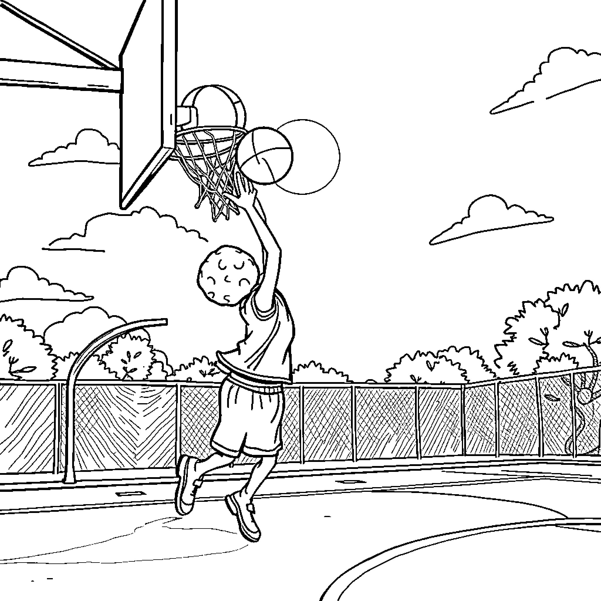 Brainrot Hoops: A Day on the Court Coloring Page (free black-and-white line drawing printable PDF for all, from beginners to advanced learners, including children, teens, adults, and seniors)